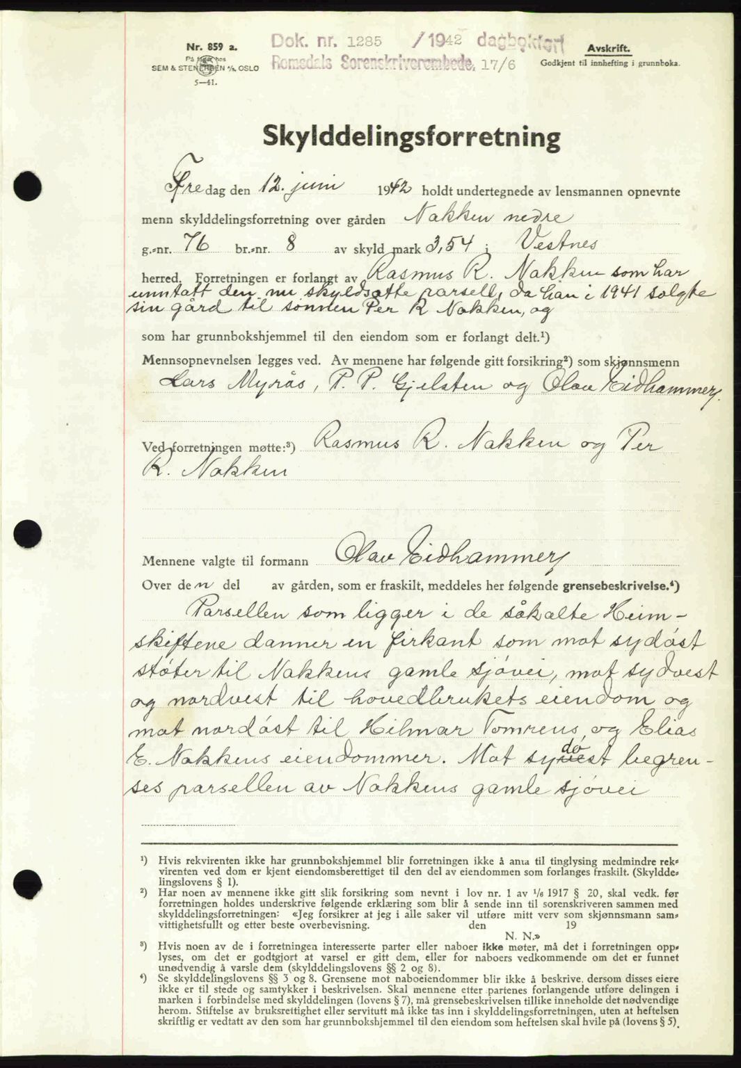 Romsdal sorenskriveri, AV/SAT-A-4149/1/2/2C: Mortgage book no. A12, 1942-1942, Diary no: : 1285/1942