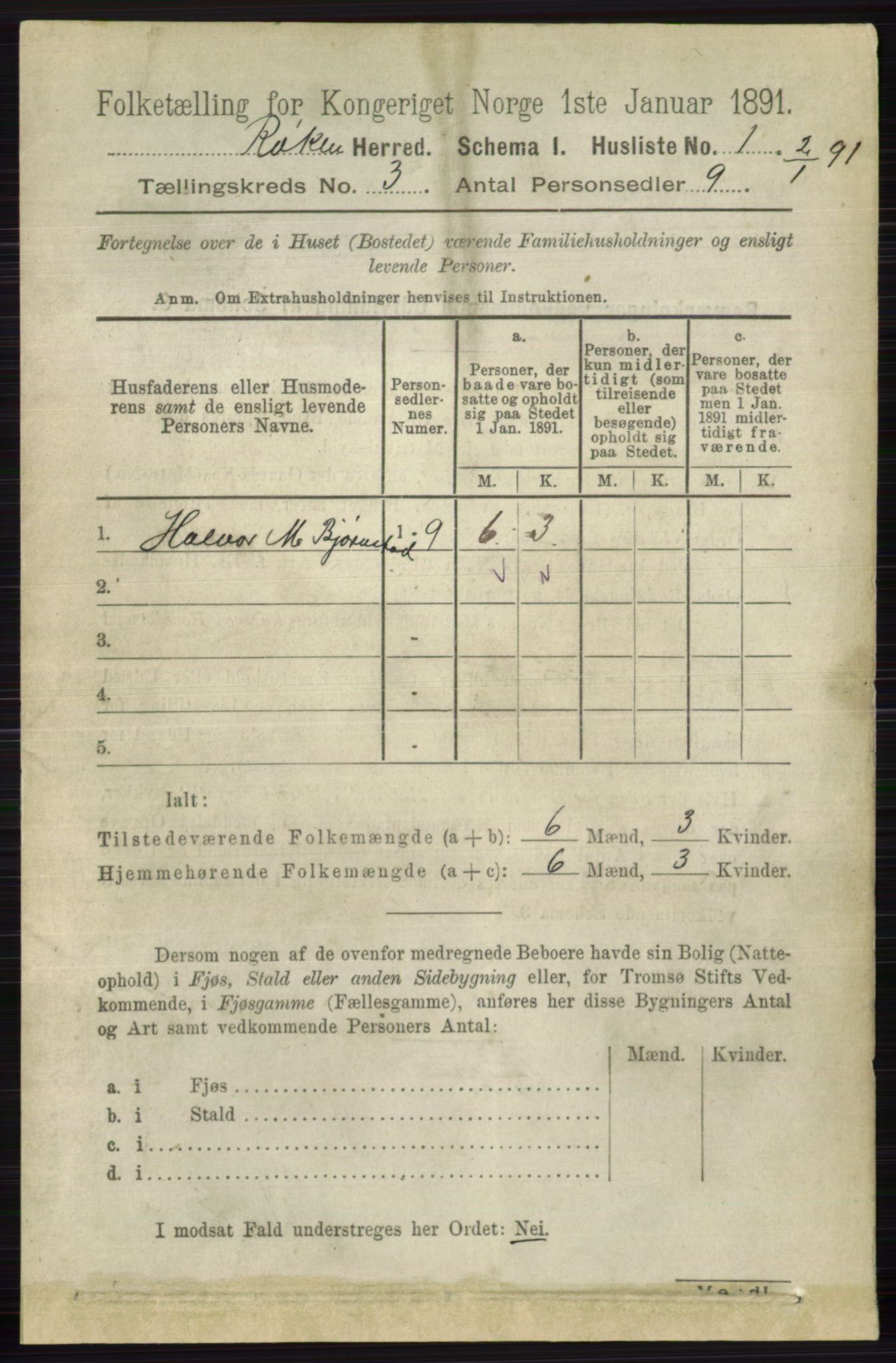 RA, 1891 census for 0627 Røyken, 1891, p. 1109
