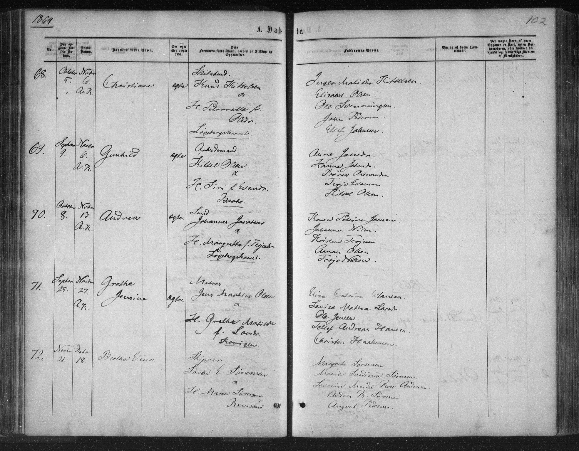 Tromøy sokneprestkontor, SAK/1111-0041/F/Fa/L0007: Parish register (official) no. A 7, 1864-1869, p. 102