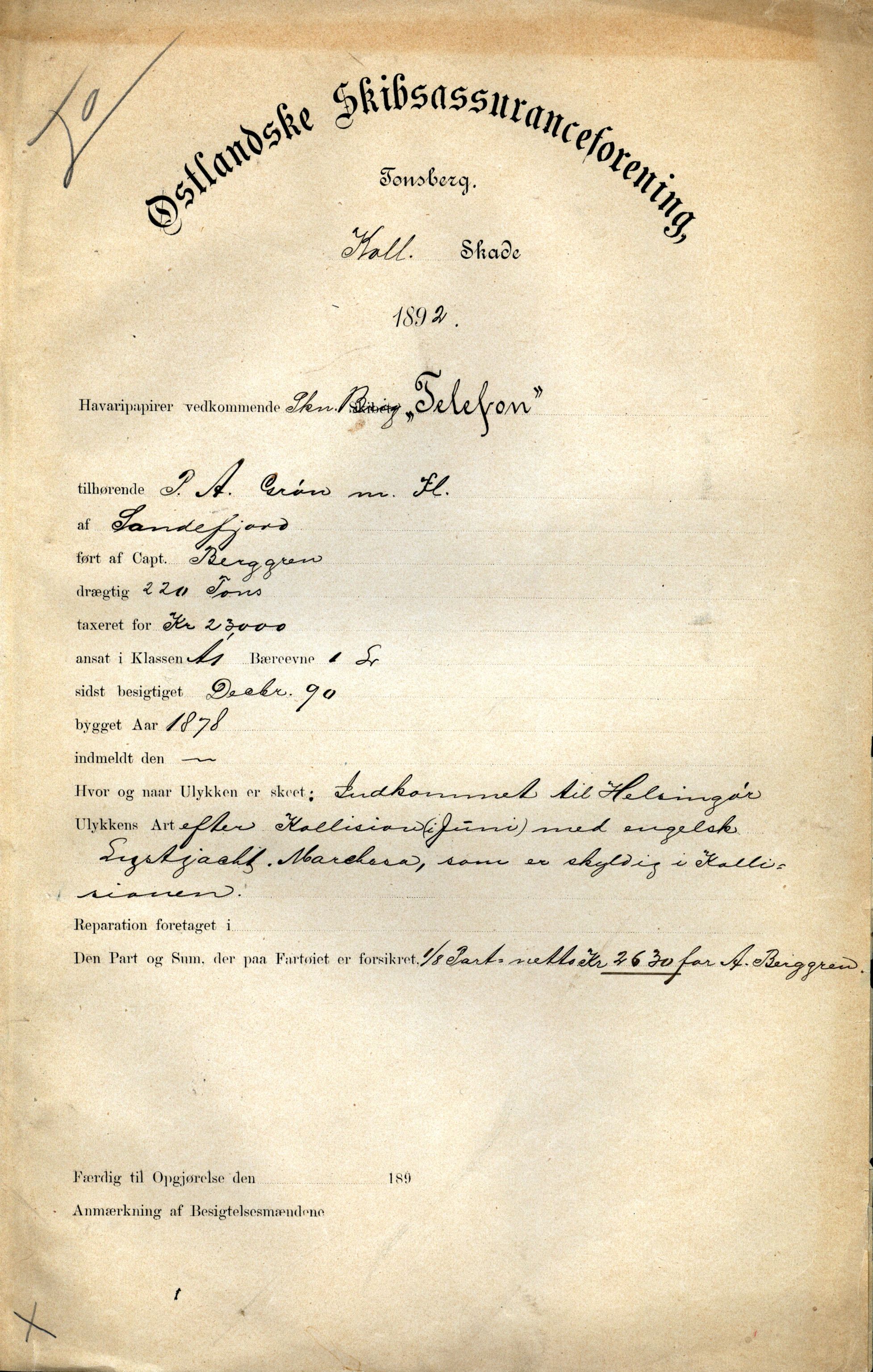 Pa 63 - Østlandske skibsassuranceforening, VEMU/A-1079/G/Ga/L0028/0004: Havaridokumenter / Hurtig, Helene, Hans Nielsen Hauge, Telefon, Zeppora, 1892, p. 20