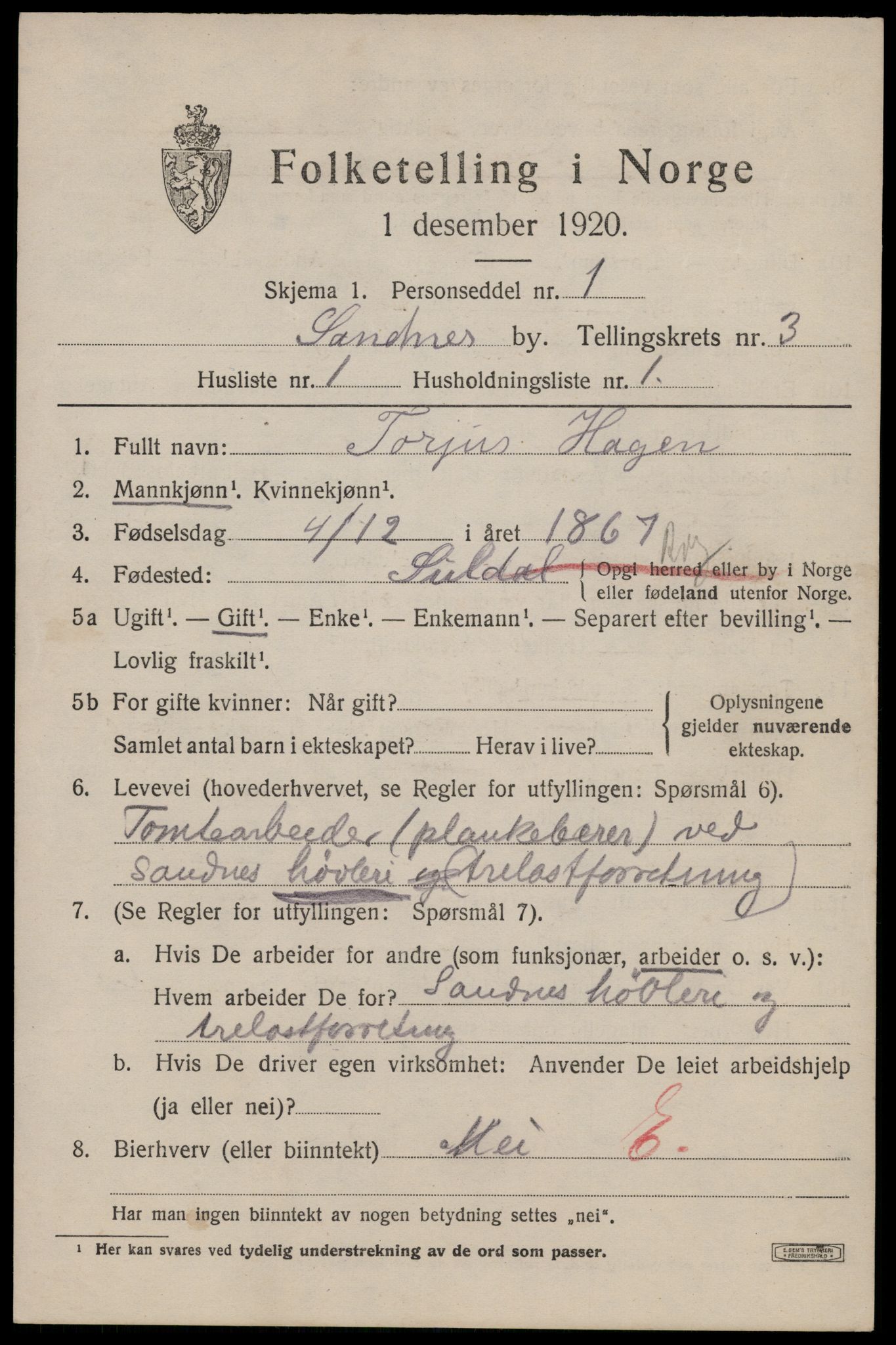 SAST, 1920 census for Sandnes, 1920, p. 3656