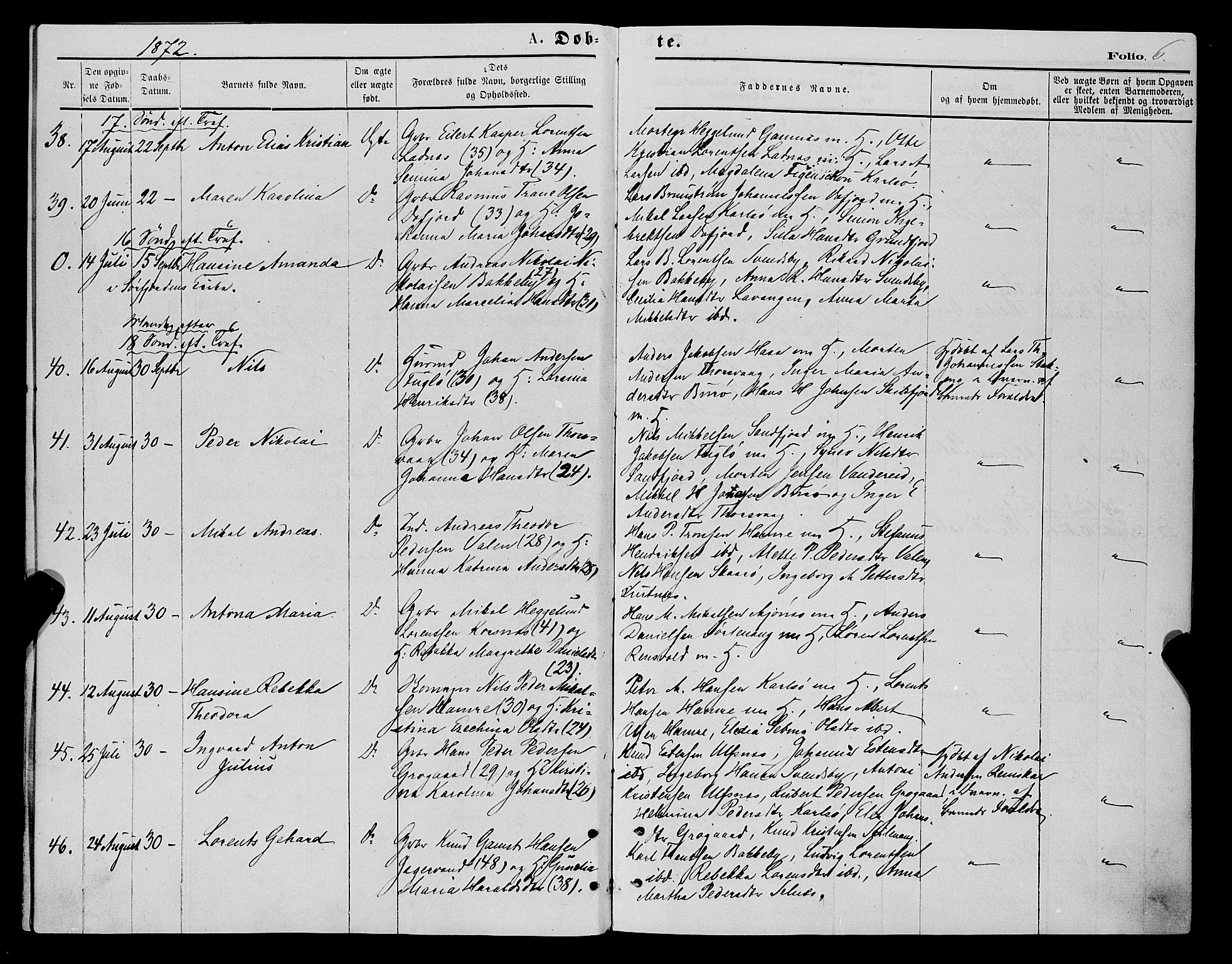 Karlsøy sokneprestembete, AV/SATØ-S-1299/H/Ha/Haa/L0005kirke: Parish register (official) no. 5, 1872-1878, p. 6