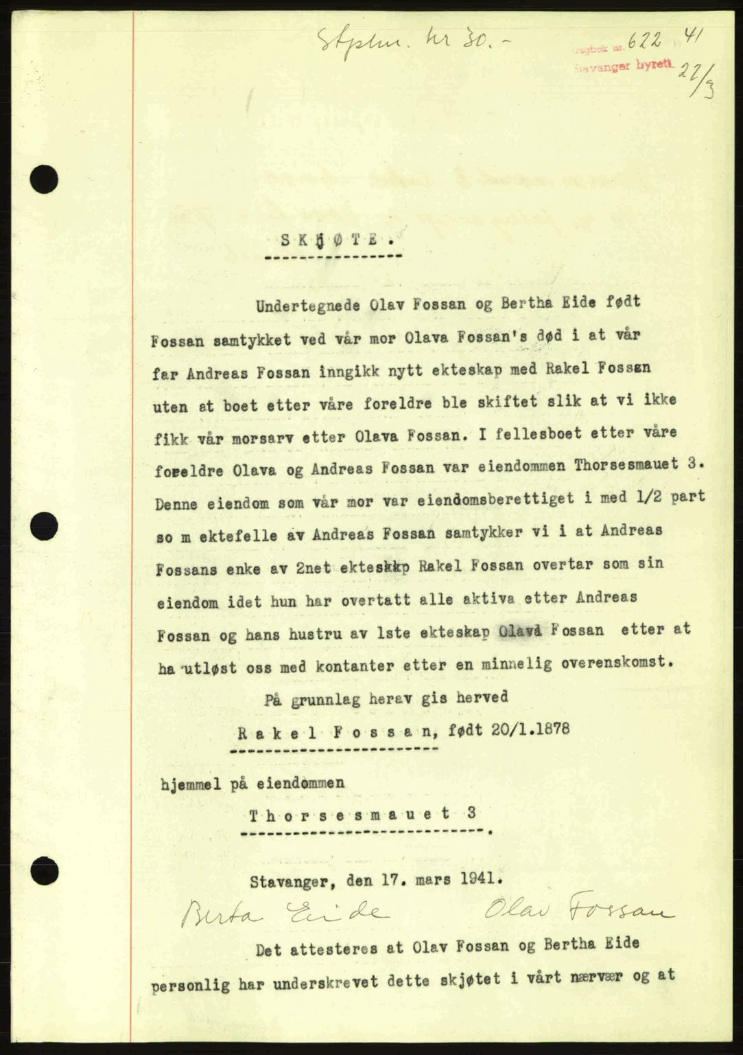Stavanger byrett, SAST/A-100455/002/G/Gb/L0016: Mortgage book no. A6, 1940-1941, Diary no: : 622/1941