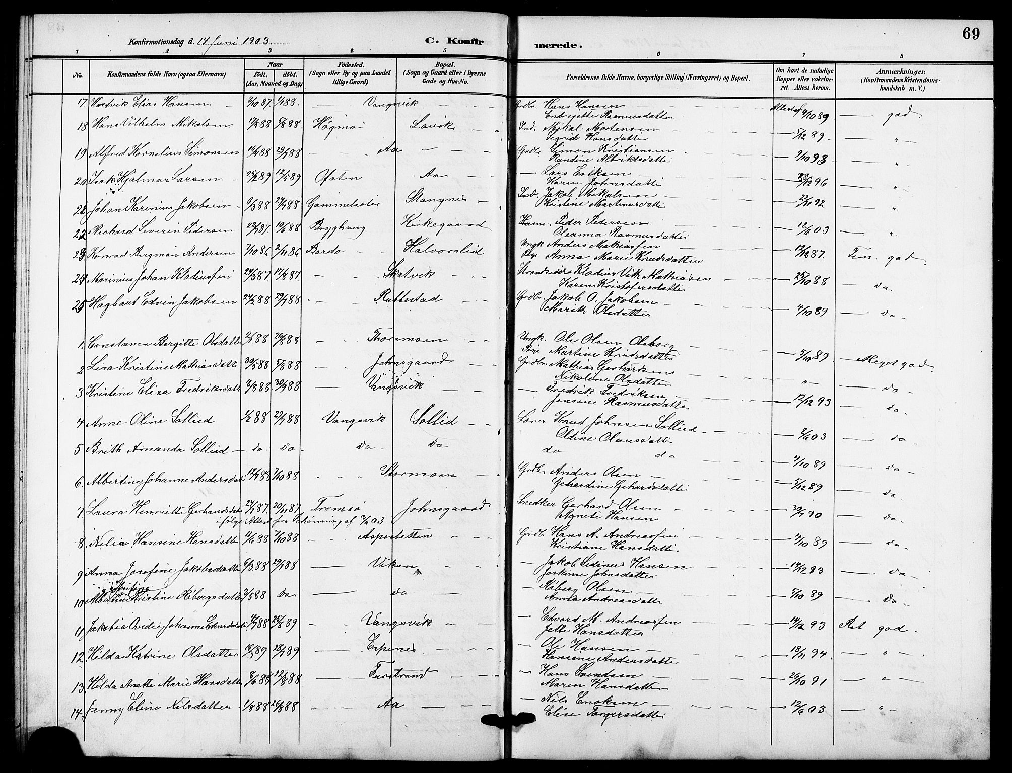 Tranøy sokneprestkontor, AV/SATØ-S-1313/I/Ia/Iab/L0005klokker: Parish register (copy) no. 5, 1902-1919, p. 69