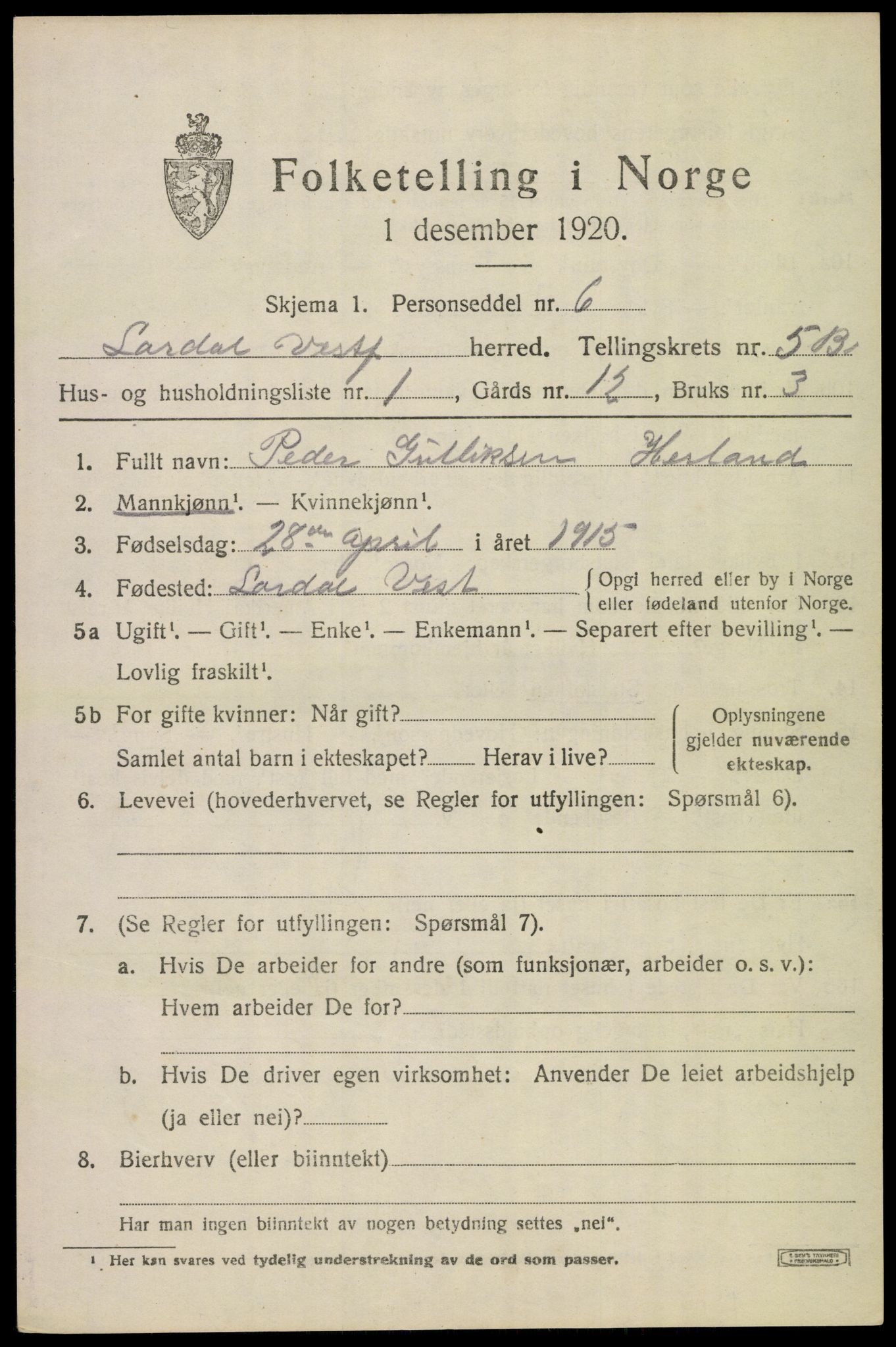 SAKO, 1920 census for Lardal, 1920, p. 5239