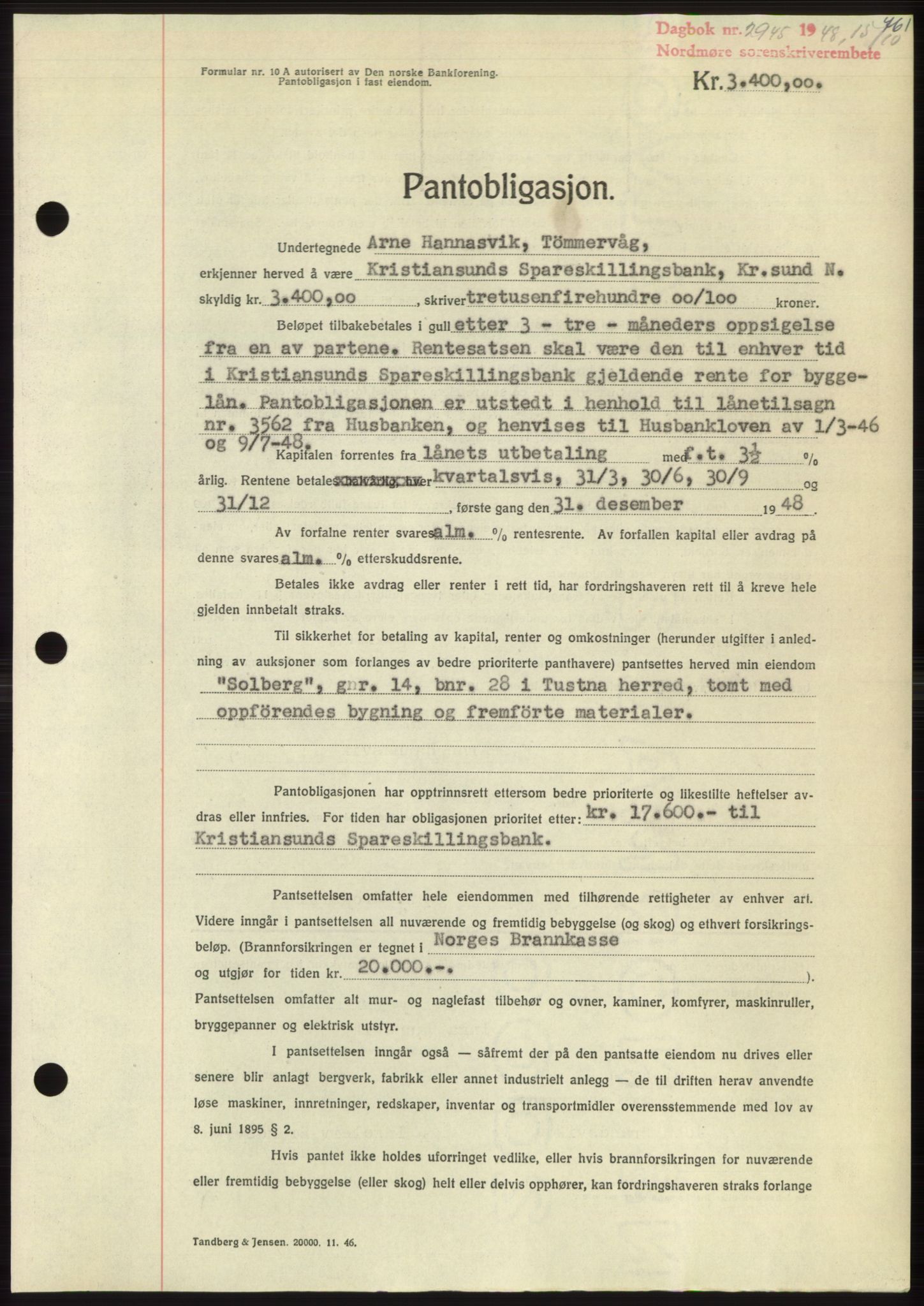 Nordmøre sorenskriveri, AV/SAT-A-4132/1/2/2Ca: Mortgage book no. B99, 1948-1948, Diary no: : 2945/1948