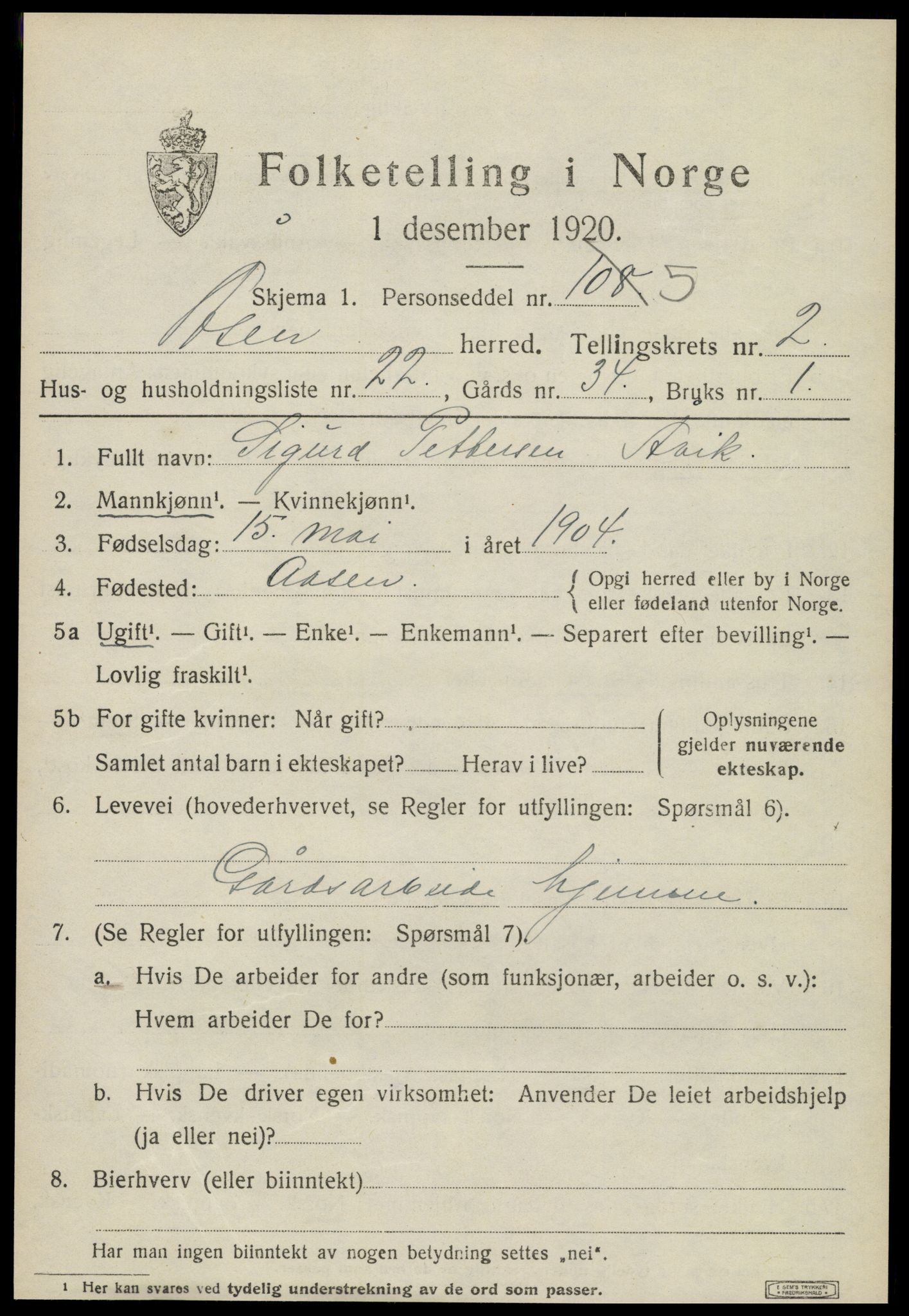 SAT, 1920 census for Åsen, 1920, p. 1922
