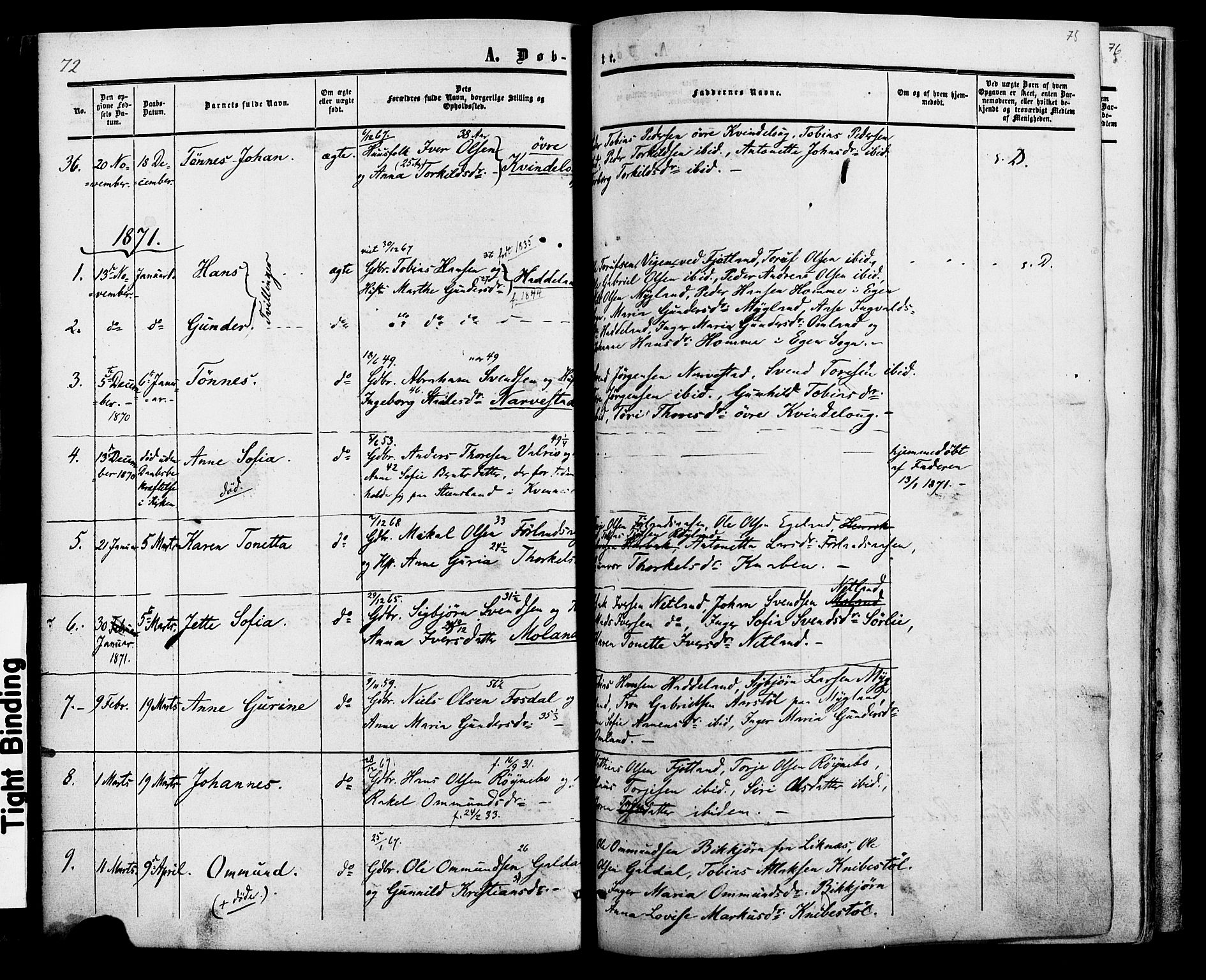 Fjotland sokneprestkontor, SAK/1111-0010/F/Fa/L0001: Parish register (official) no. A 1, 1850-1879, p. 75