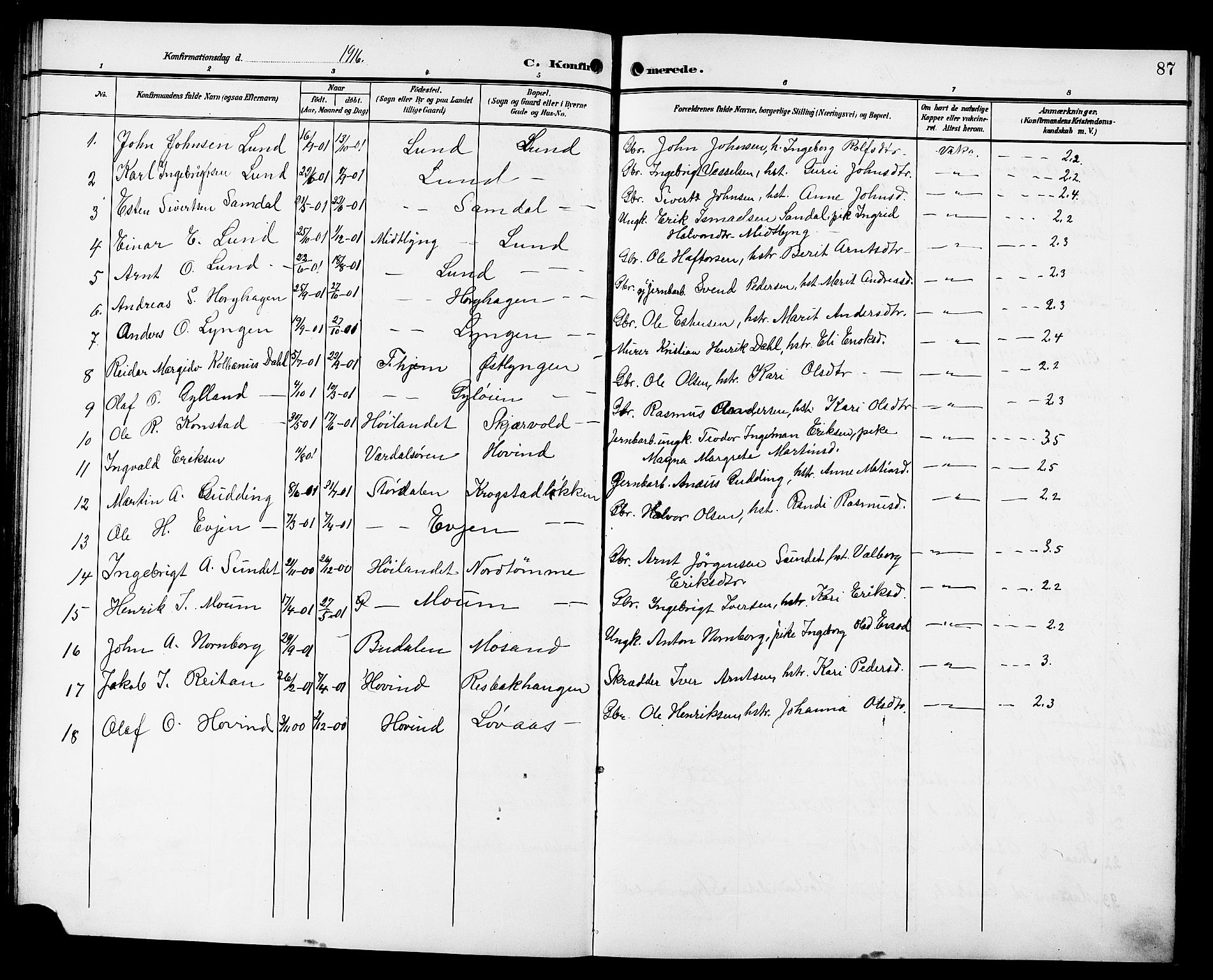 Ministerialprotokoller, klokkerbøker og fødselsregistre - Sør-Trøndelag, SAT/A-1456/692/L1112: Parish register (copy) no. 692C07, 1904-1918, p. 87