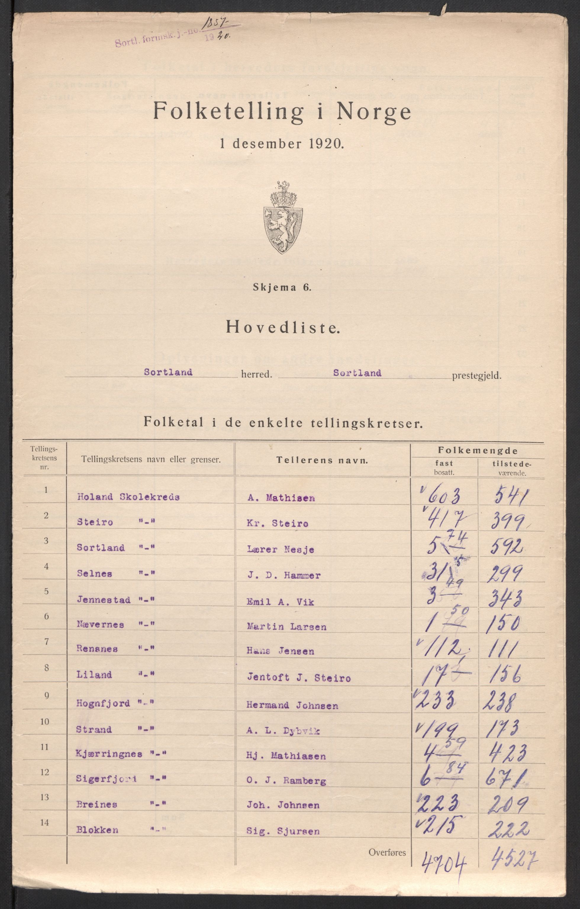 SAT, 1920 census for Sortland, 1920, p. 8