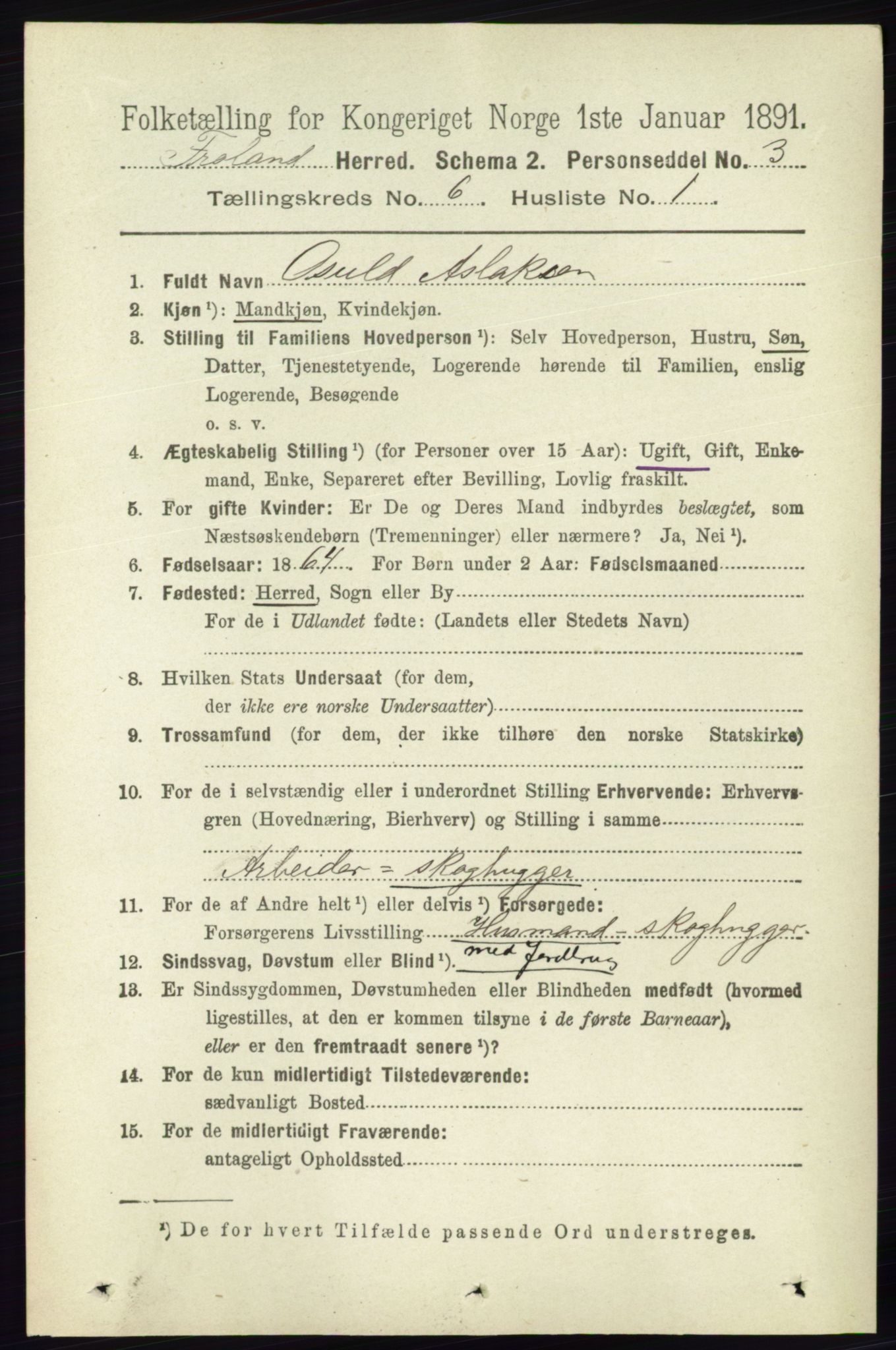 RA, 1891 census for 0919 Froland, 1891, p. 2206