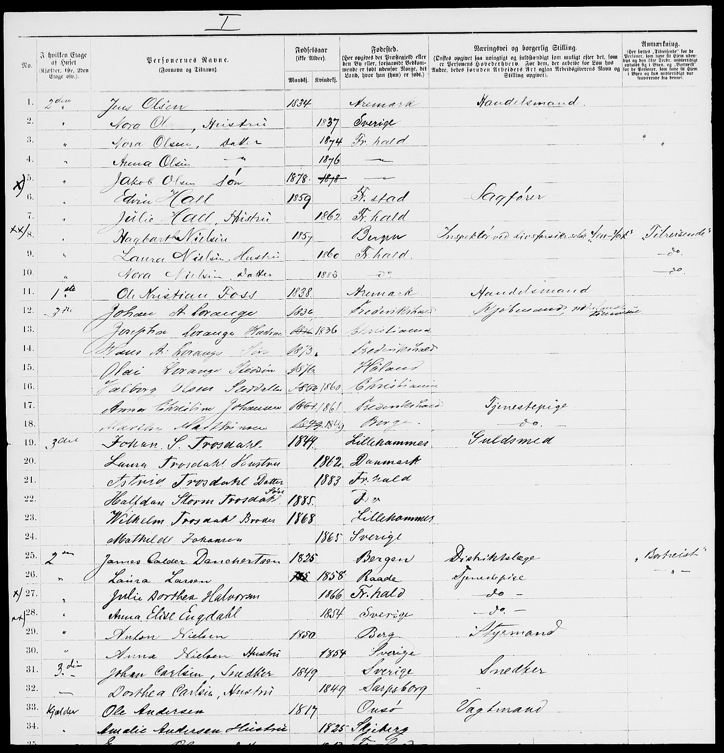 RA, 1885 census for 0101 Fredrikshald, 1885, p. 891