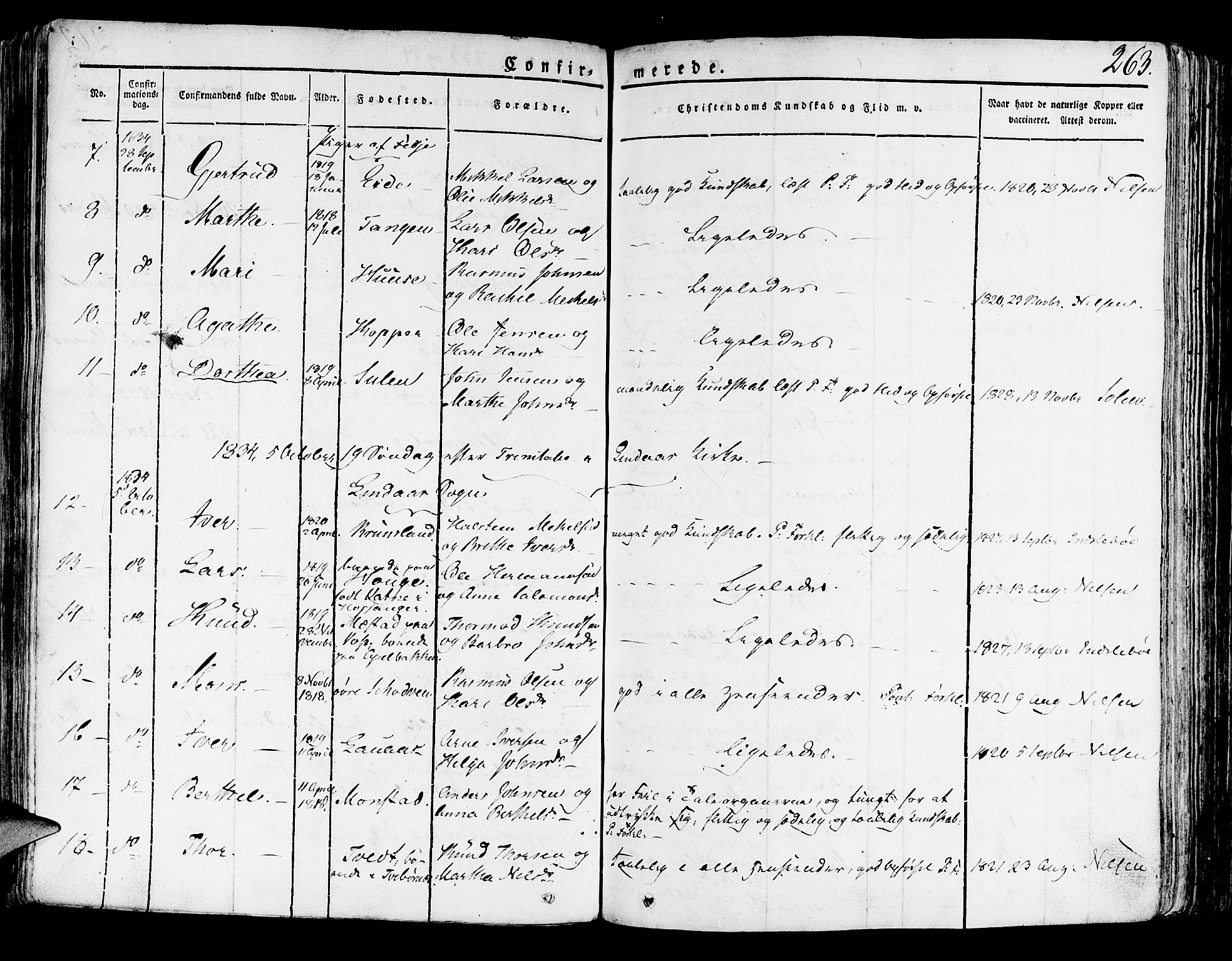 Lindås Sokneprestembete, AV/SAB-A-76701/H/Haa/Haaa/L0008: Parish register (official) no. A 8, 1823-1836, p. 263