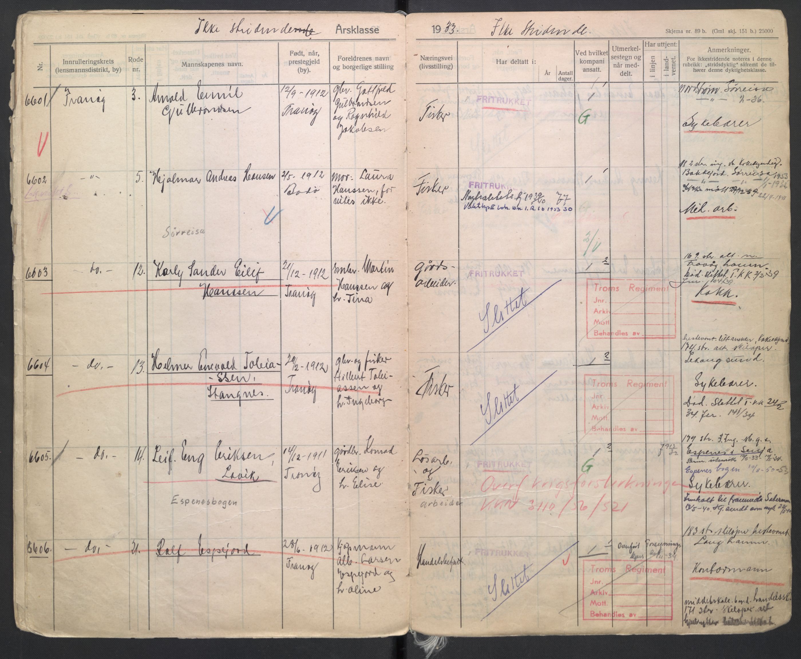 Forsvaret, Troms infanteriregiment nr. 16, AV/RA-RAFA-3146/P/Pa/L0006/0004: Ruller / Rulle for Trondenes bataljons menige mannskaper, årsklasse 1933, 1933