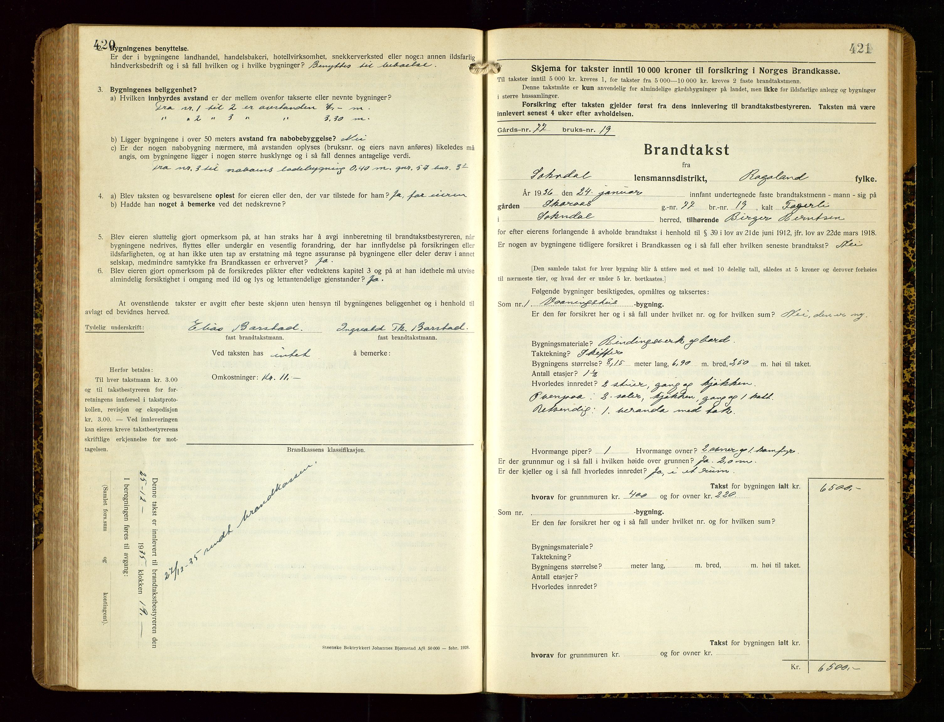 Sokndal lensmannskontor, SAST/A-100417/Gob/L0007: "Brandtakst-Protokoll", 1930-1936, p. 420-421