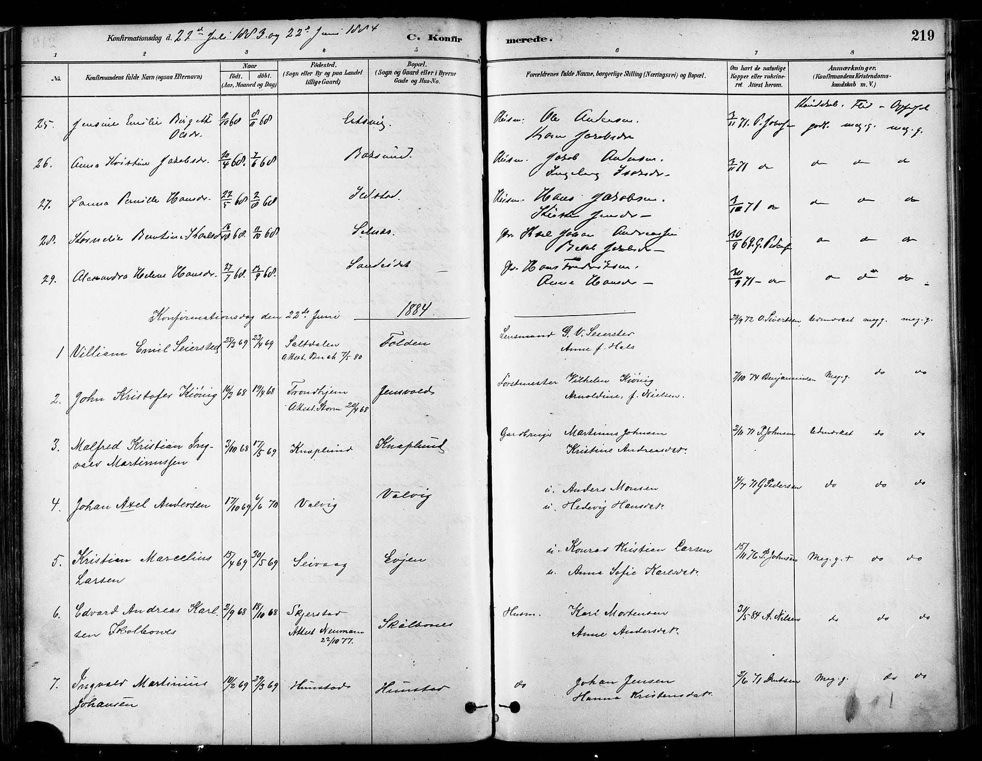 Ministerialprotokoller, klokkerbøker og fødselsregistre - Nordland, SAT/A-1459/802/L0054: Parish register (official) no. 802A01, 1879-1893, p. 219