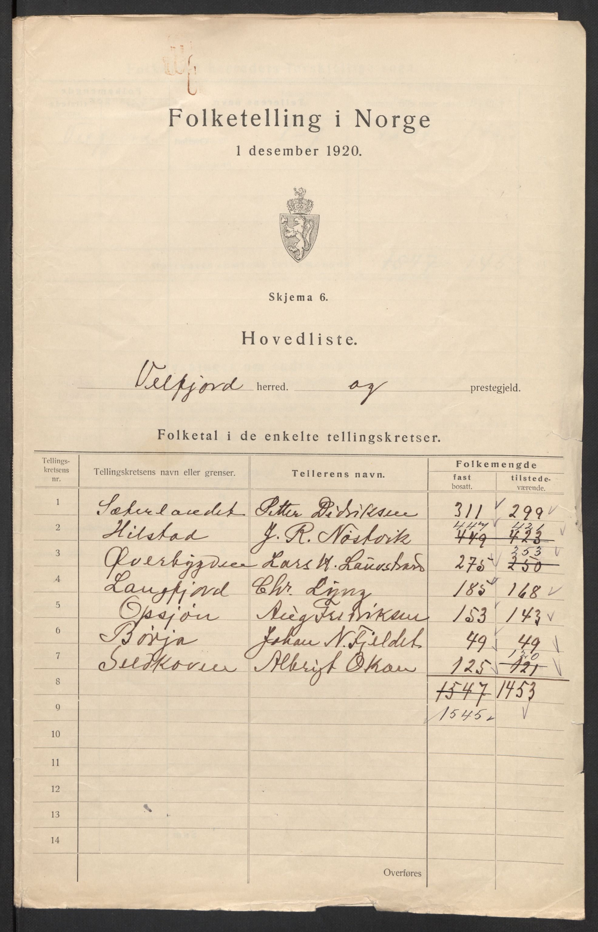 SAT, 1920 census for Velfjord, 1920, p. 9