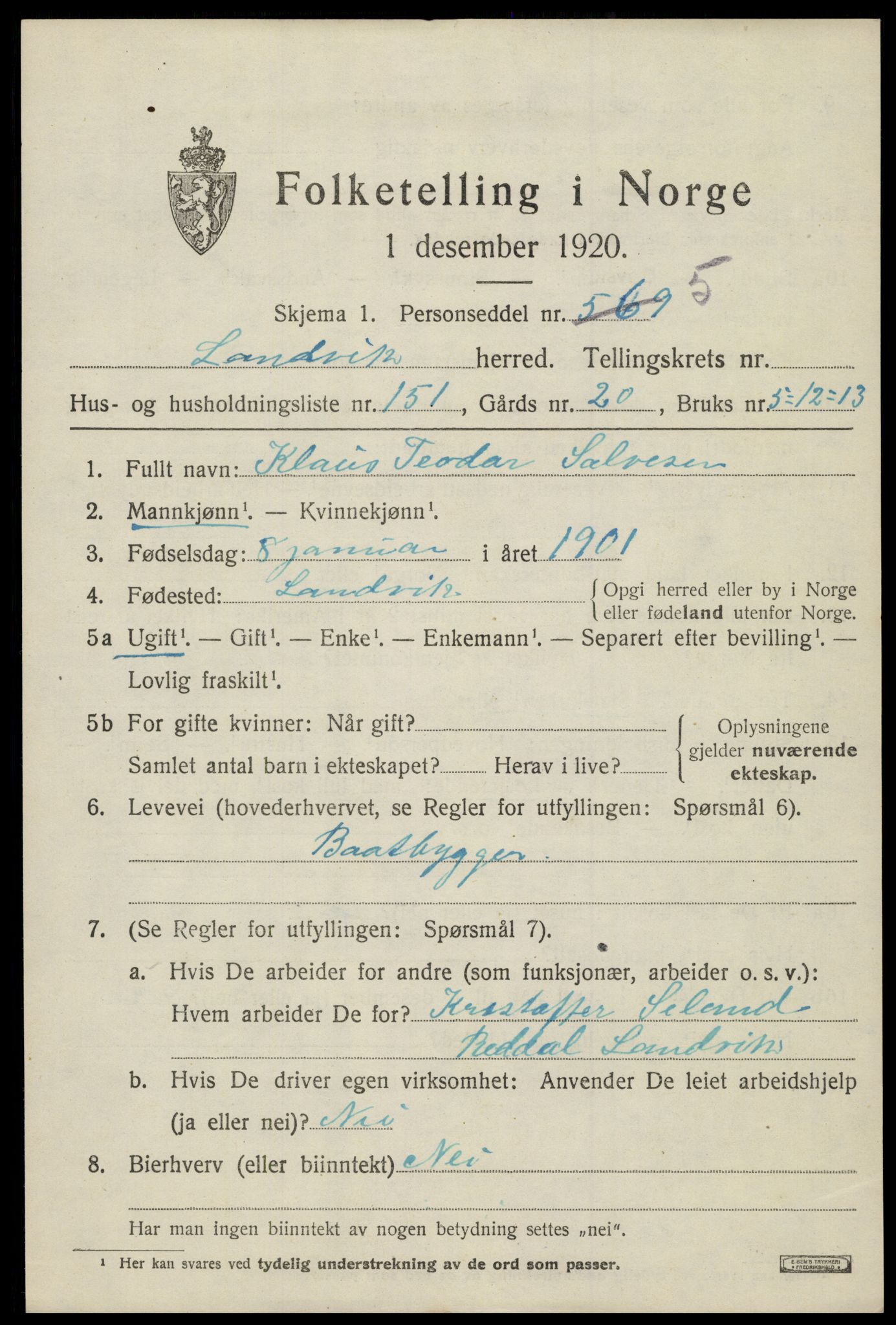 SAK, 1920 census for Landvik, 1920, p. 2890