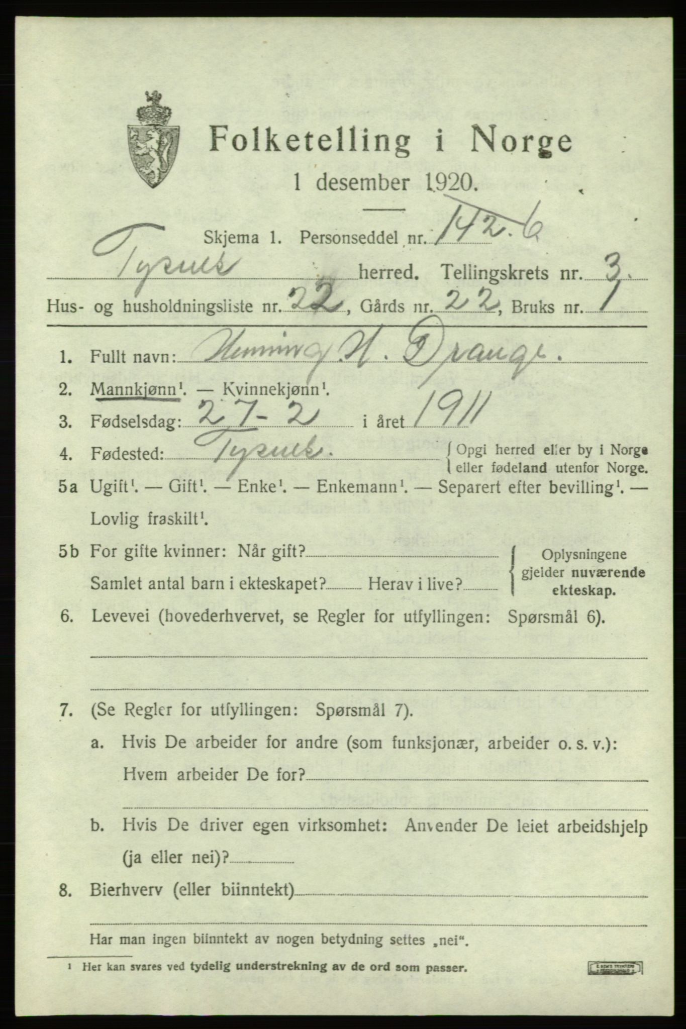 SAB, 1920 census for Tysnes, 1920, p. 3124