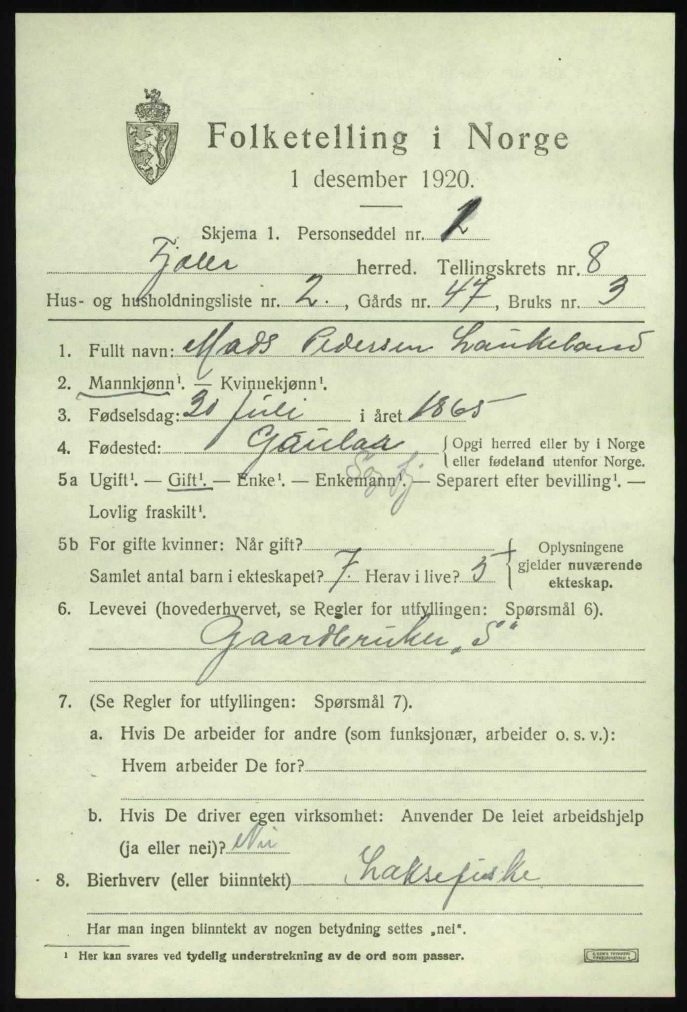 SAB, 1920 census for Fjaler, 1920, p. 4241