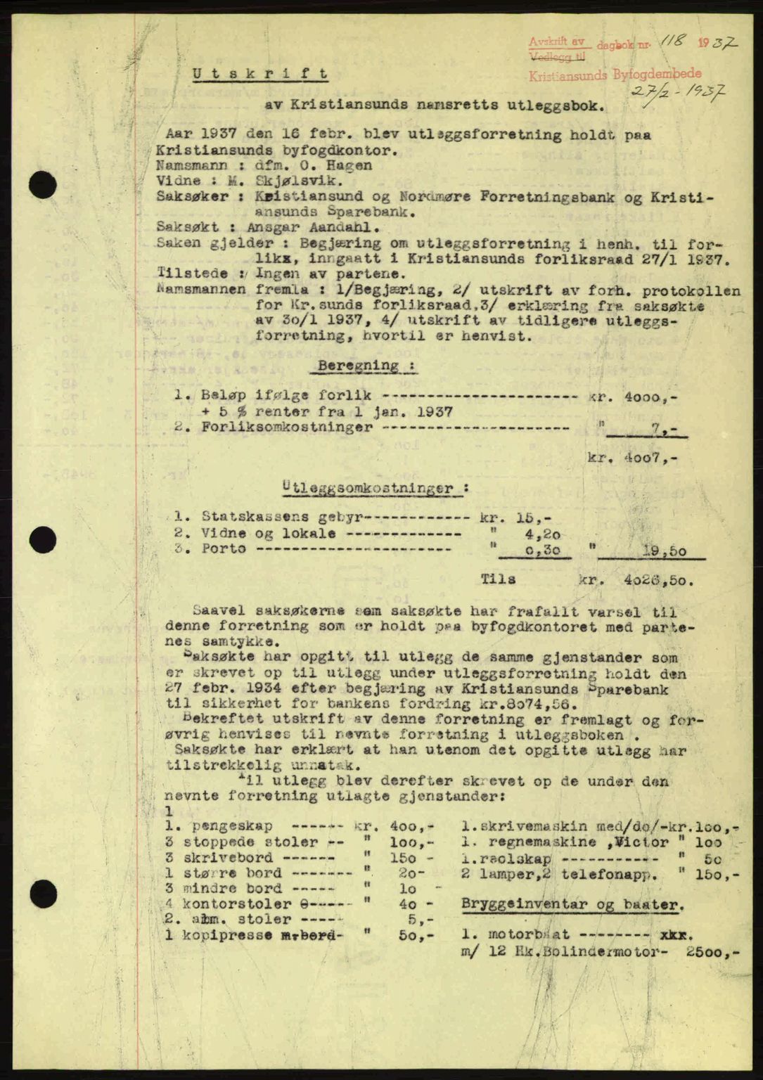 Kristiansund byfogd, AV/SAT-A-4587/A/27: Mortgage book no. 29, 1936-1937, Diary no: : 118/1937
