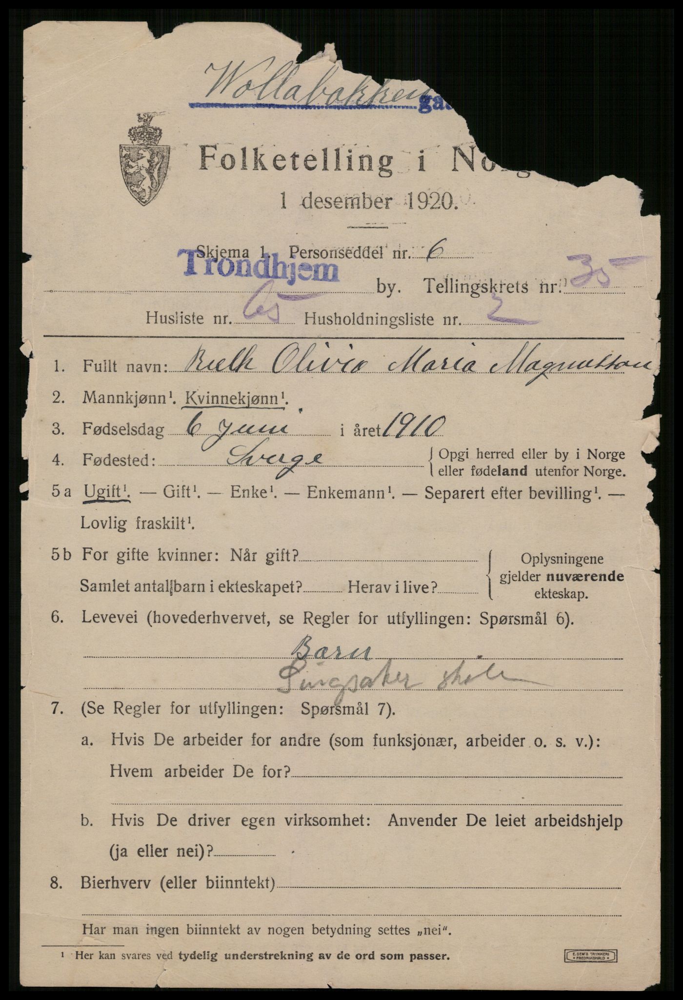 SAT, 1920 census for Trondheim, 1920, p. 82858
