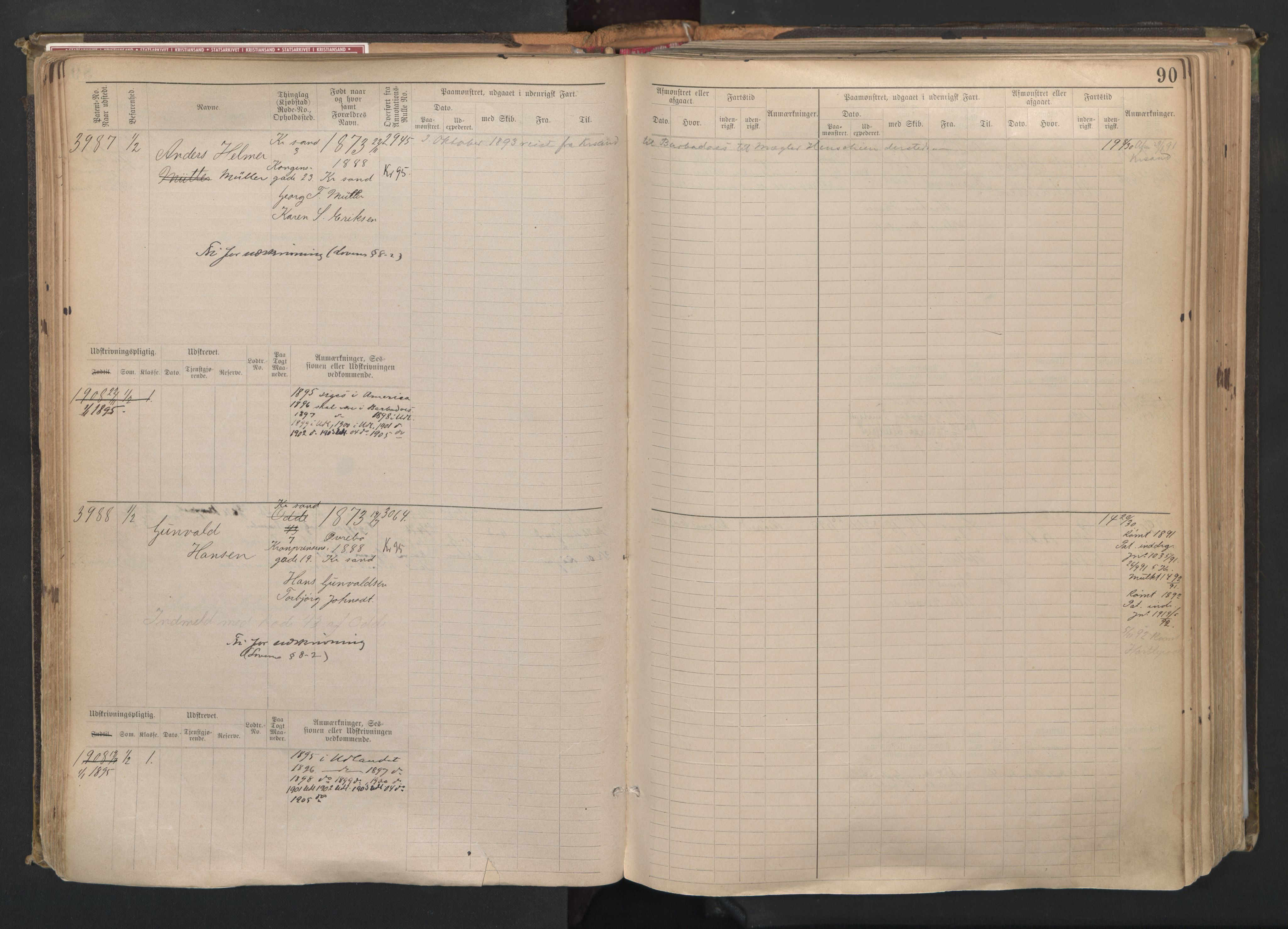 Kristiansand mønstringskrets, SAK/2031-0015/F/Fb/L0008: Hovedrulle nr 3811-4580, I-15, 1893-1940, p. 91