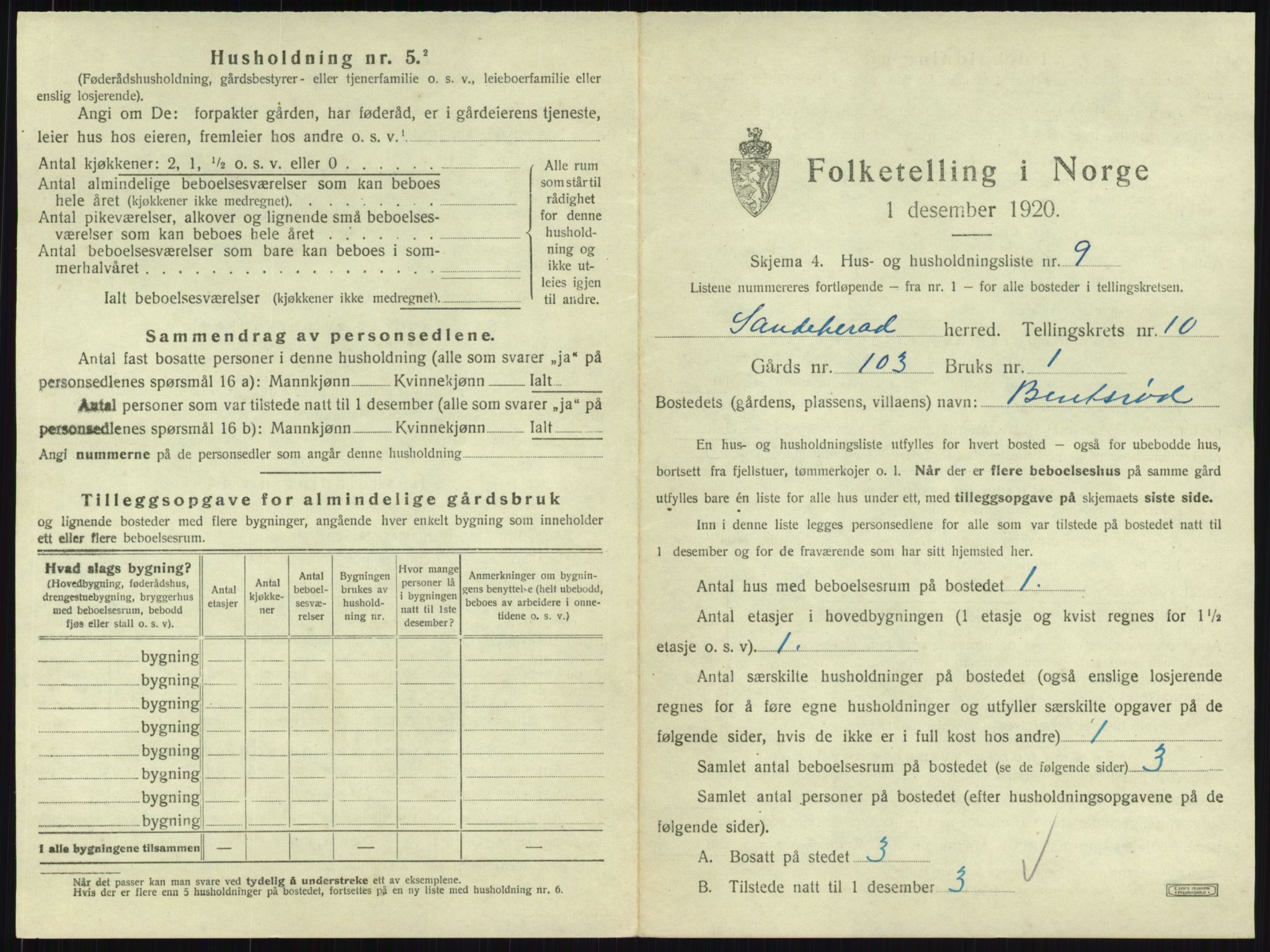 SAKO, 1920 census for Sandeherred, 1920, p. 2068