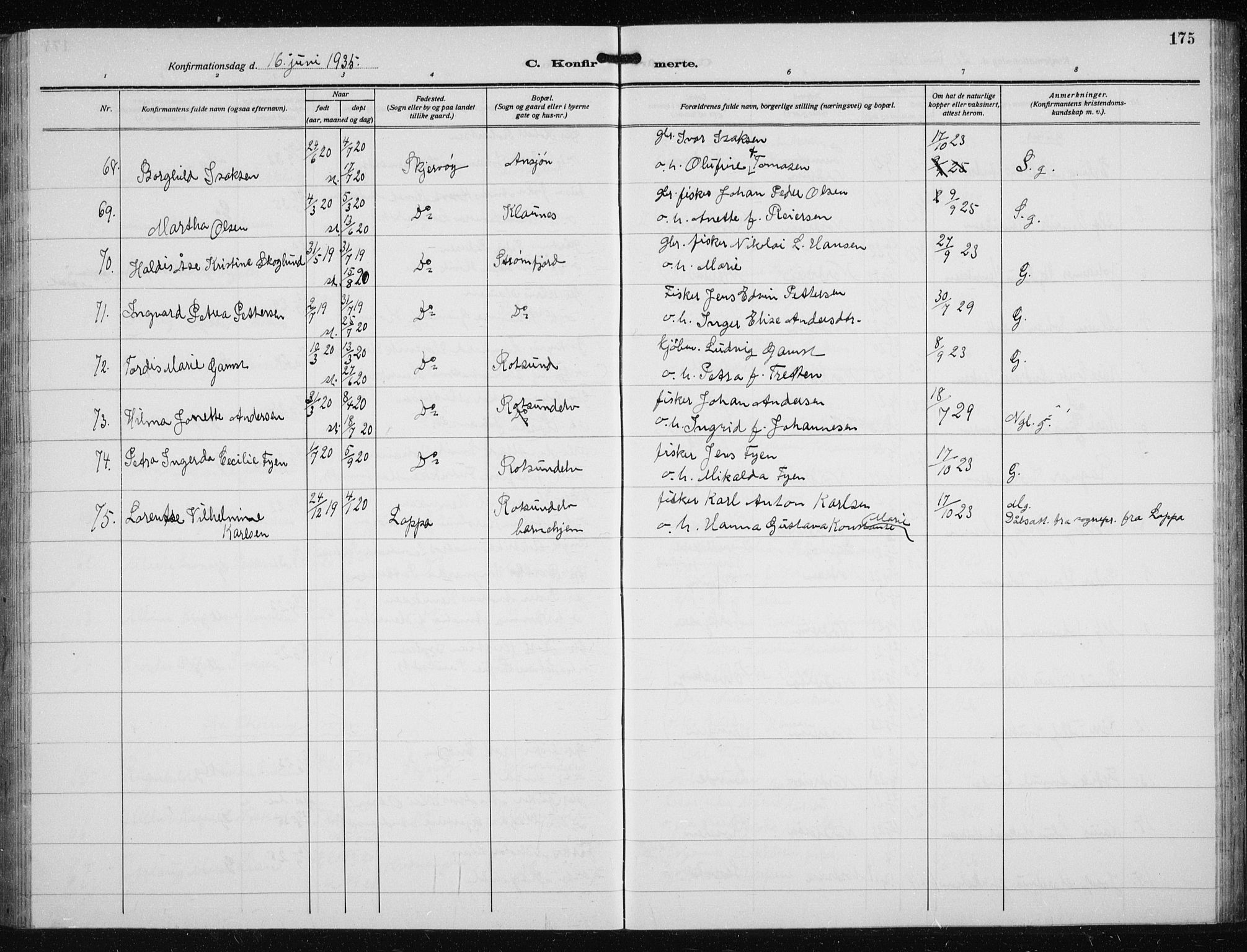 Skjervøy sokneprestkontor, AV/SATØ-S-1300/H/Ha/Hab/L0023klokker: Parish register (copy) no. 23, 1927-1943, p. 175