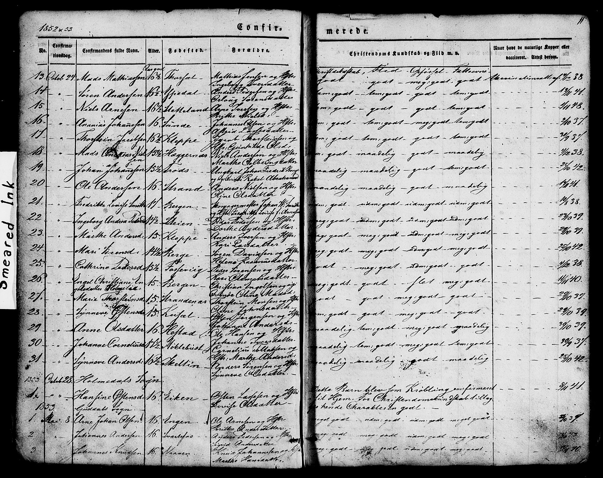 Fjaler sokneprestembete, SAB/A-79801/H/Haa/Haaa/L0008: Parish register (official) no. A 8, 1850-1886, p. 11