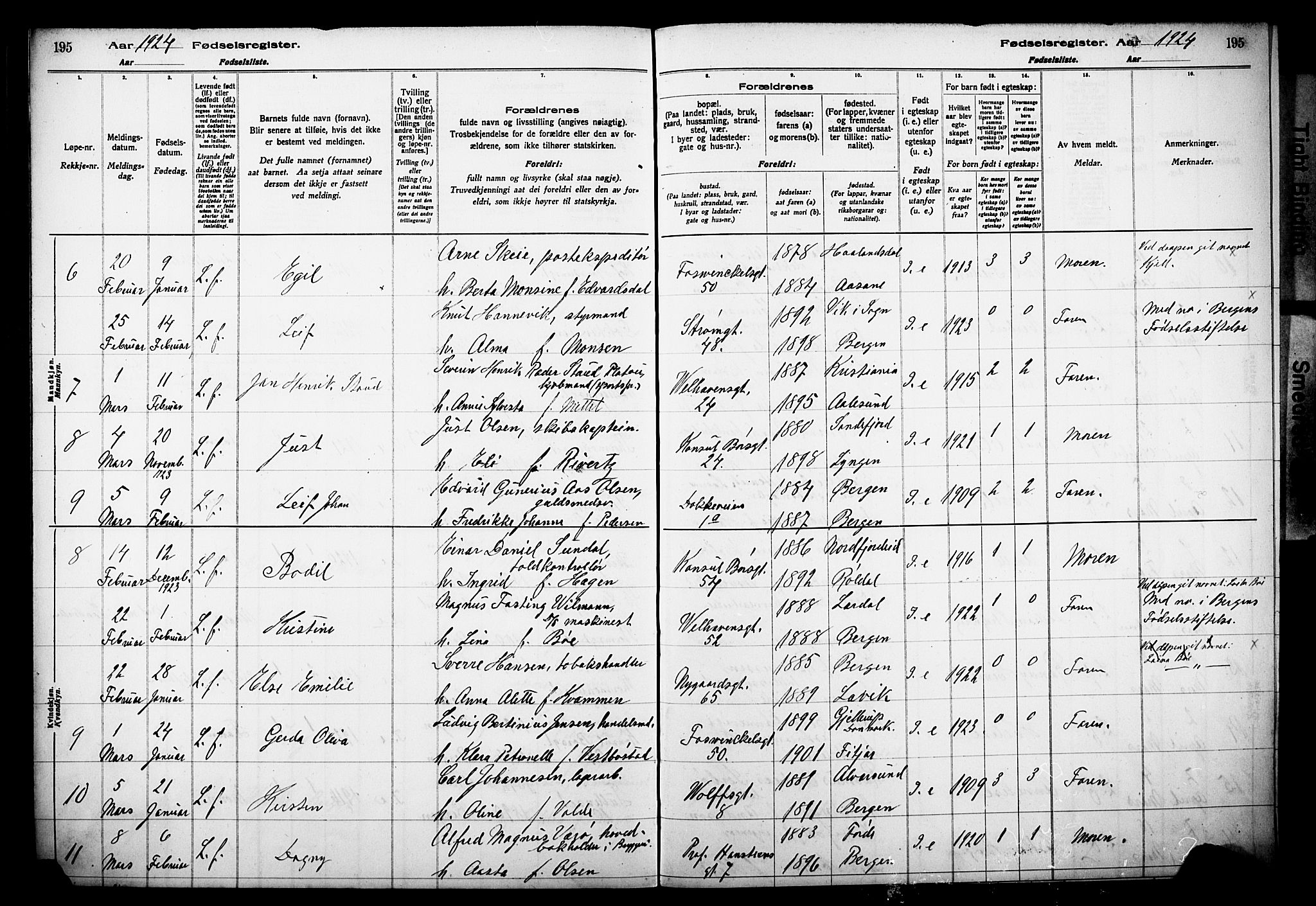 Johanneskirken sokneprestembete, AV/SAB-A-76001/I/Id/L00A1: Birth register no. A 1, 1916-1924, p. 195