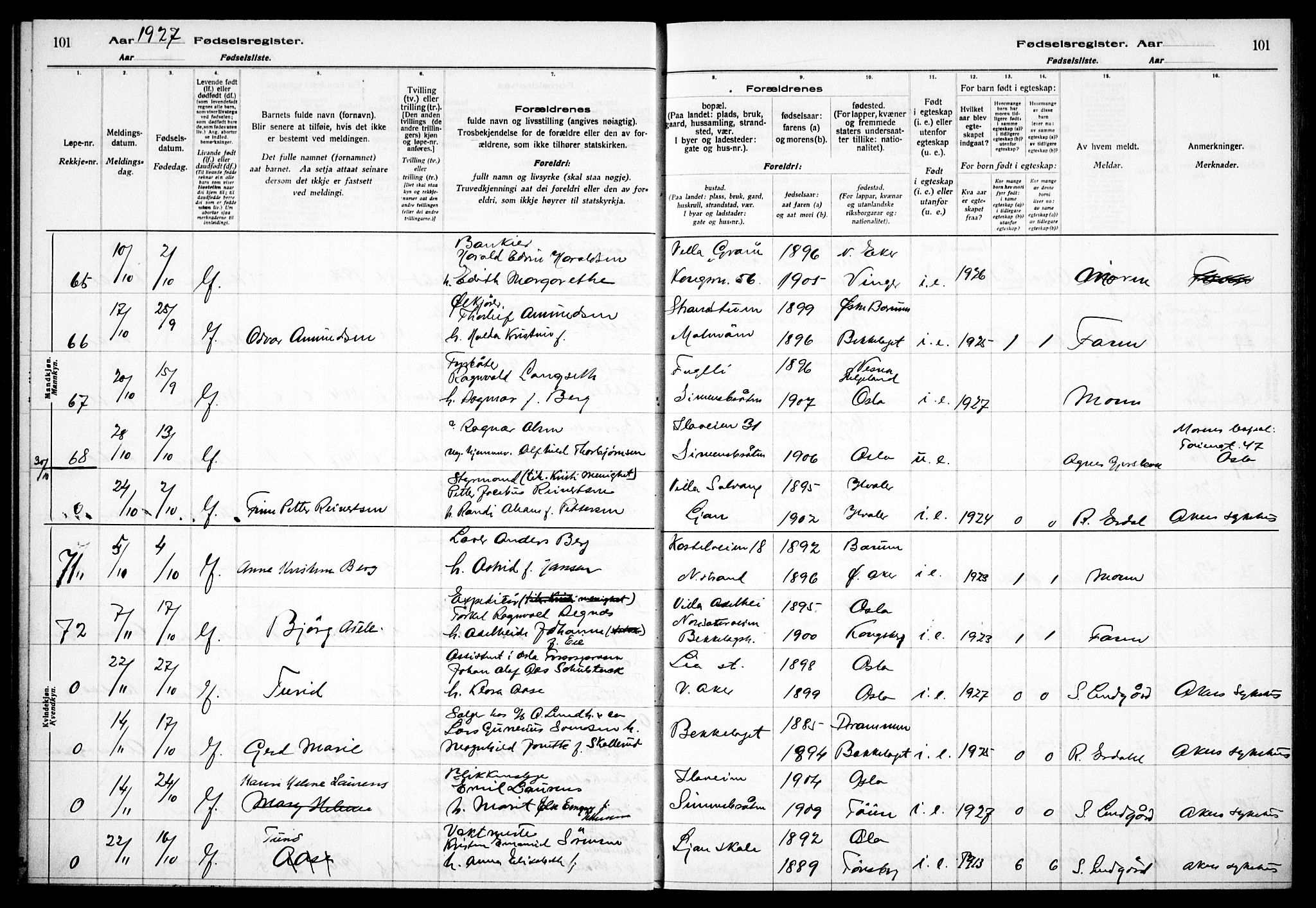 Nordstrand prestekontor Kirkebøker, AV/SAO-A-10362a/J/Ja/L0002: Birth register no. I 2, 1924-1930, p. 101