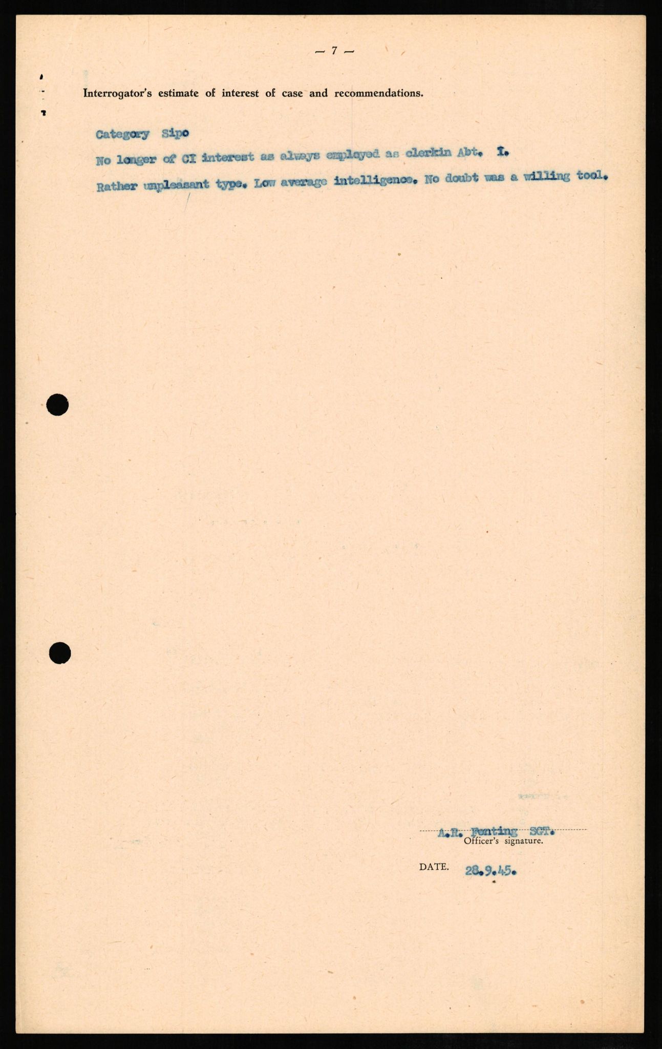 Forsvaret, Forsvarets overkommando II, AV/RA-RAFA-3915/D/Db/L0010: CI Questionaires. Tyske okkupasjonsstyrker i Norge. Tyskere., 1945-1946, p. 51