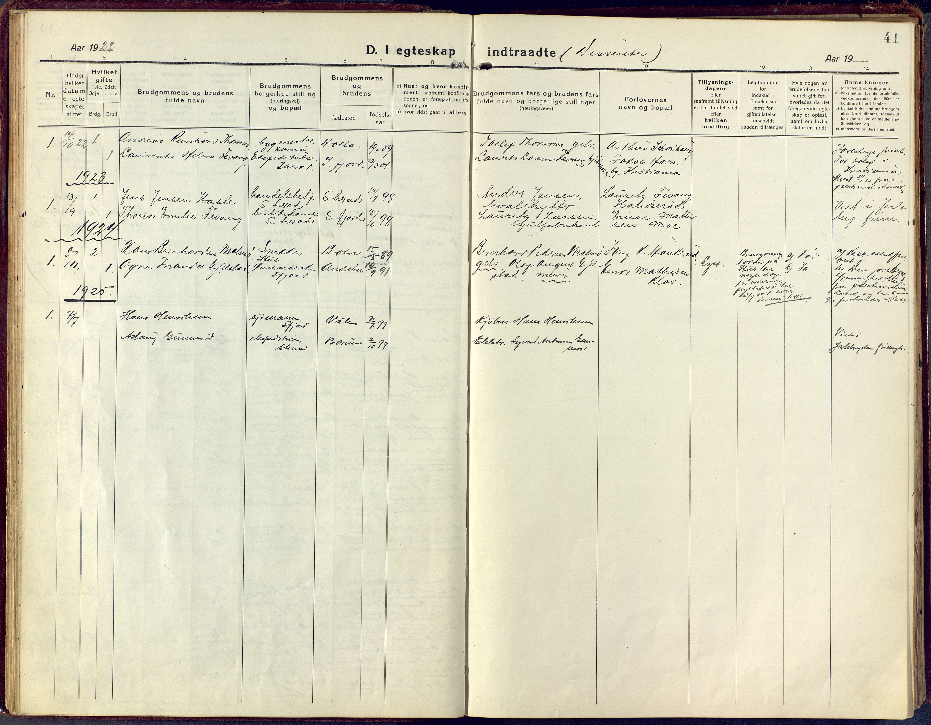 Sandar kirkebøker, SAKO/A-243/F/Fa/L0021: Parish register (official) no. 21, 1919-1925, p. 41