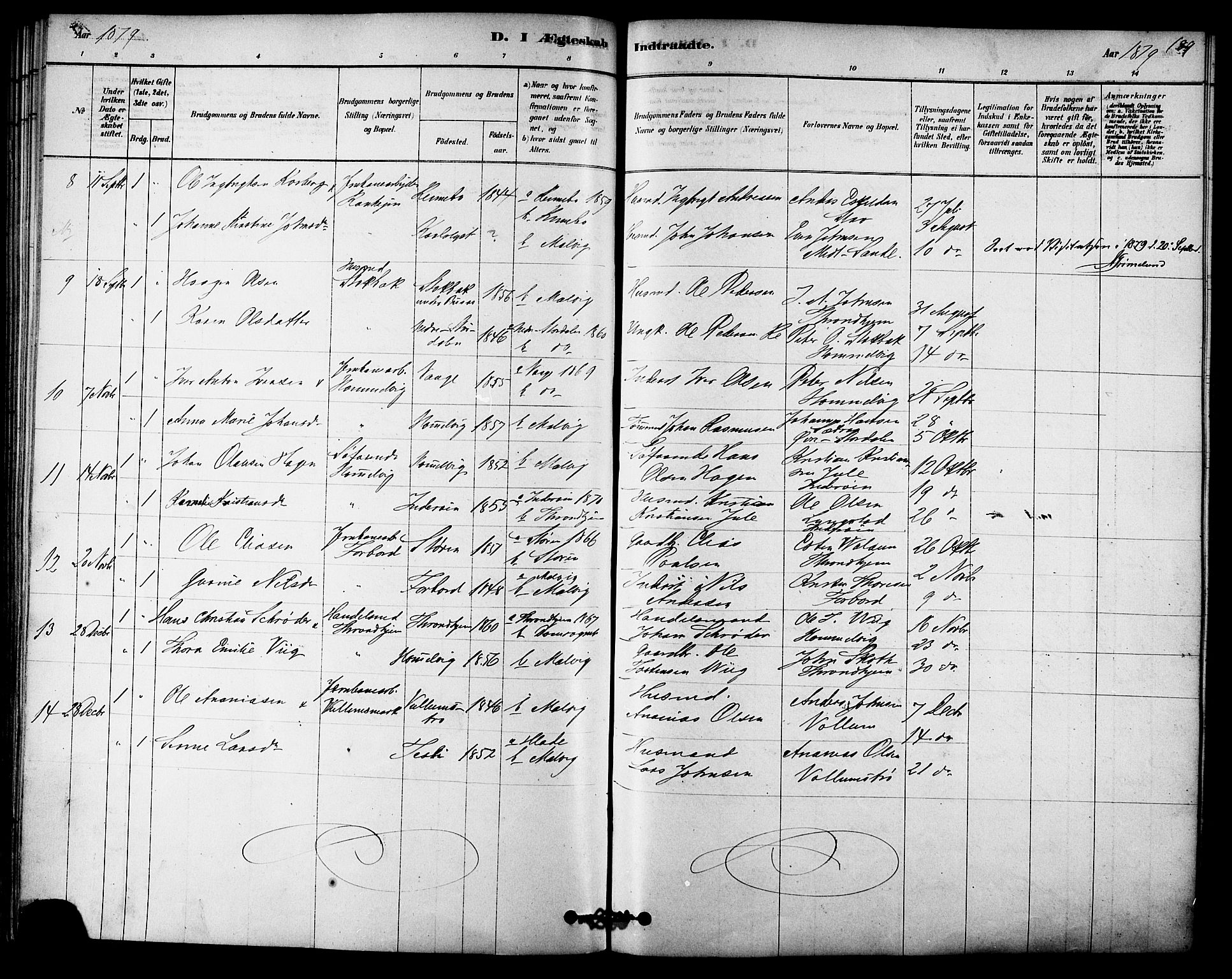 Ministerialprotokoller, klokkerbøker og fødselsregistre - Sør-Trøndelag, SAT/A-1456/616/L0410: Parish register (official) no. 616A07, 1878-1893, p. 189