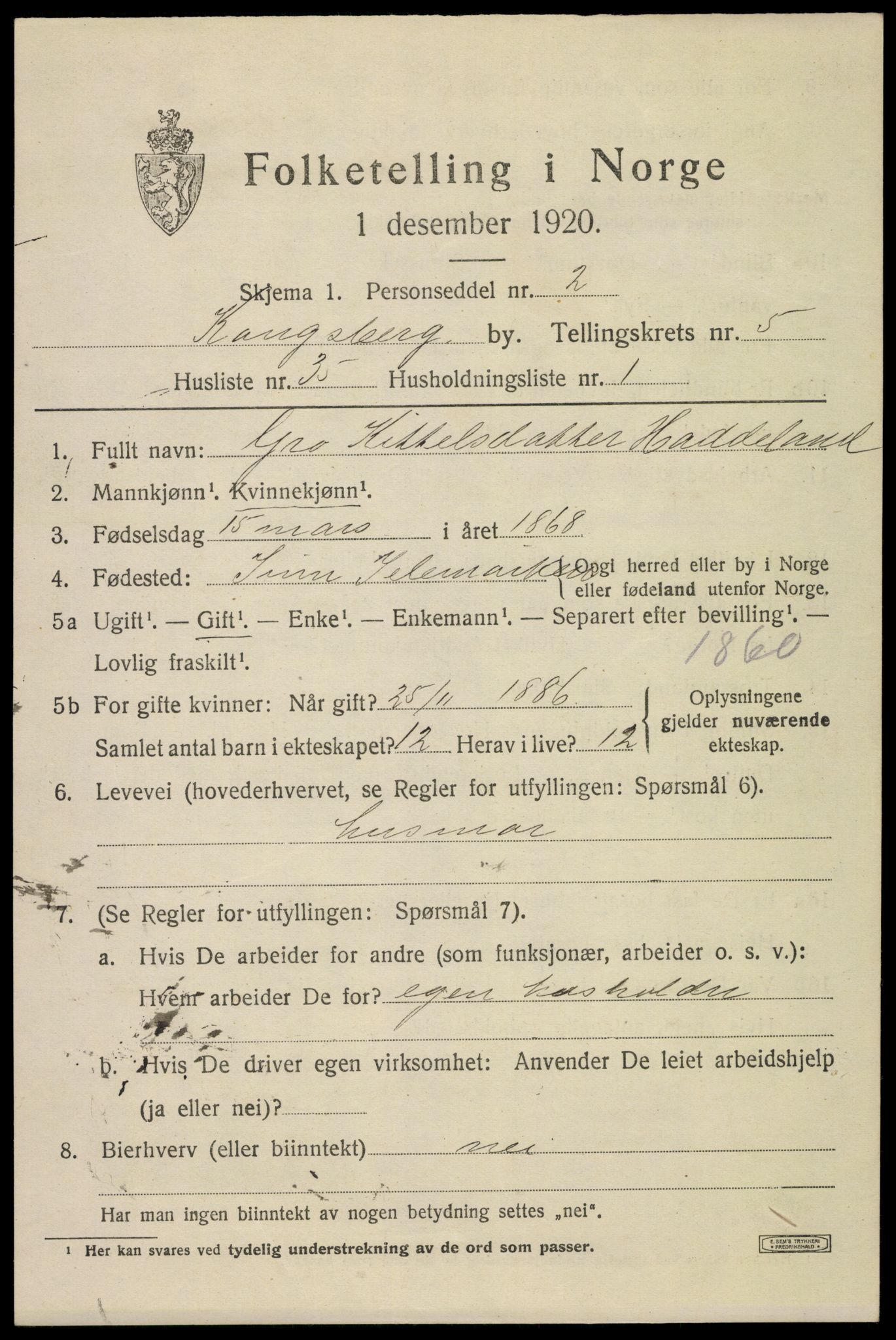 SAKO, 1920 census for Kongsberg, 1920, p. 12944