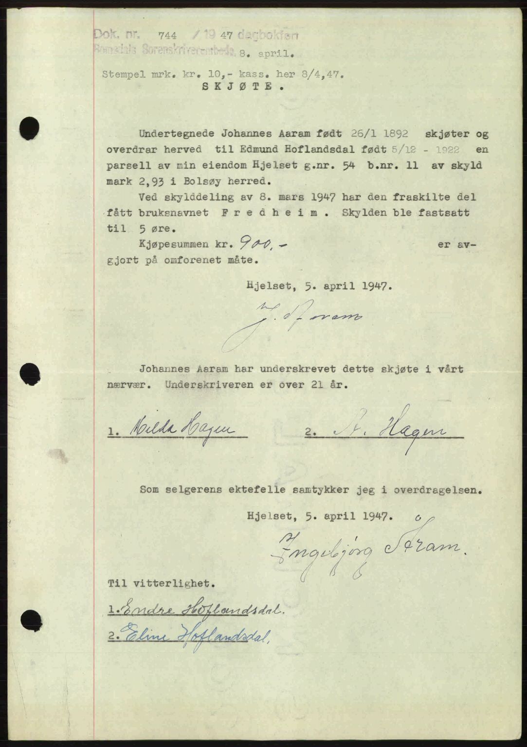 Romsdal sorenskriveri, SAT/A-4149/1/2/2C: Mortgage book no. A22, 1947-1947, Diary no: : 744/1947