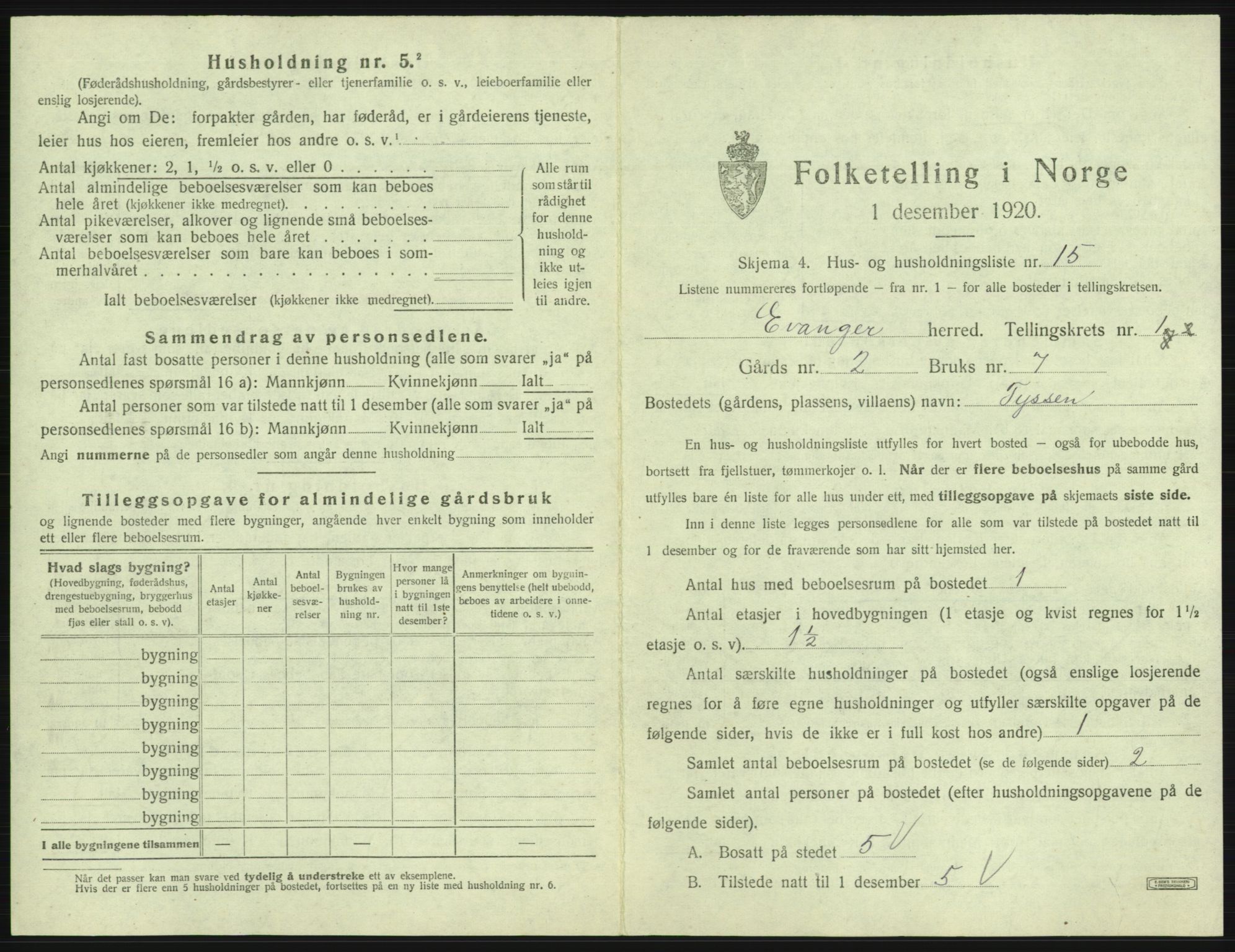 SAB, 1920 census for Evanger, 1920, p. 89