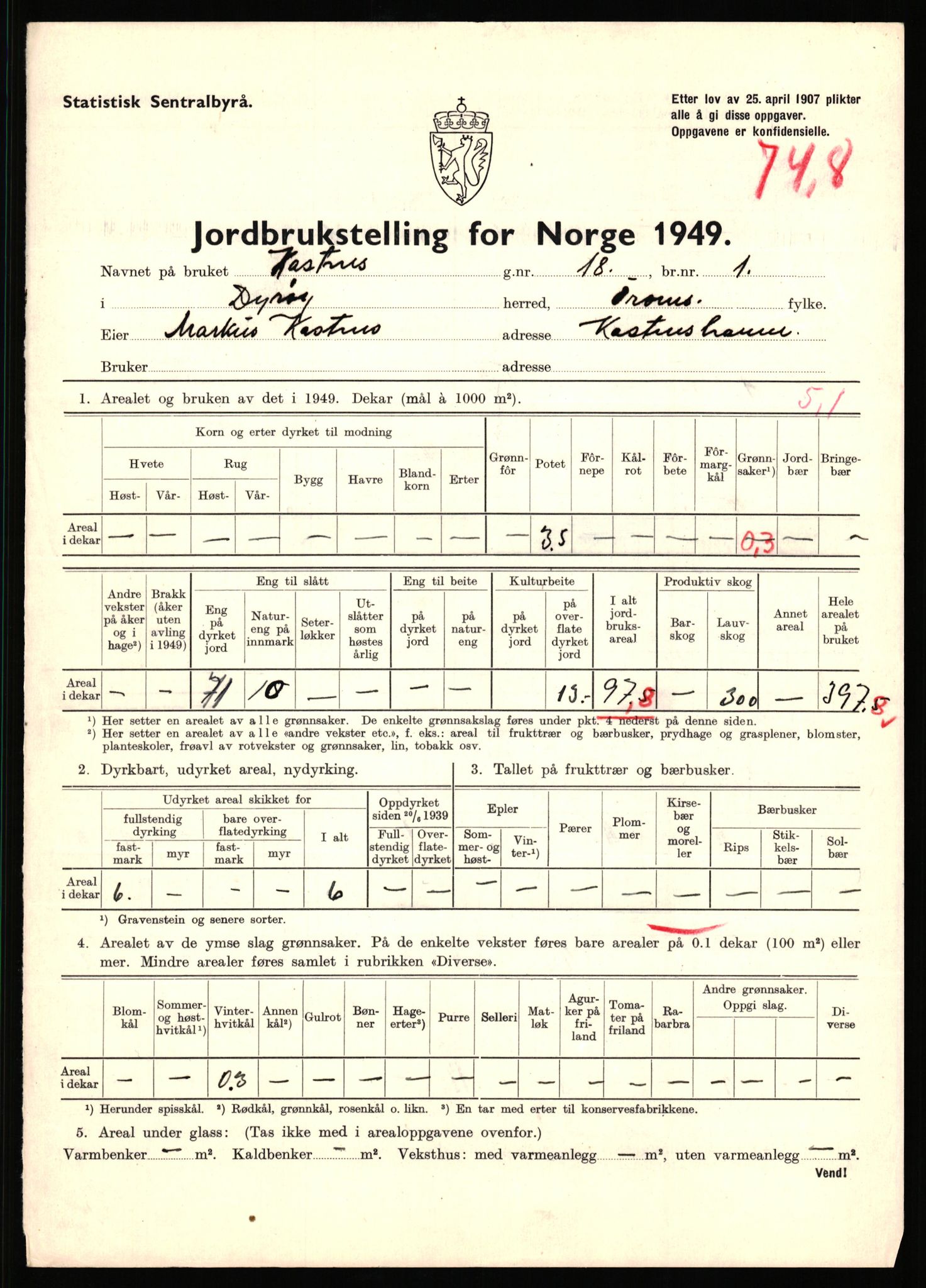 Statistisk sentralbyrå, Næringsøkonomiske emner, Jordbruk, skogbruk, jakt, fiske og fangst, AV/RA-S-2234/G/Gc/L0440: Troms: Sørreisa og Dyrøy, 1949, p. 1619