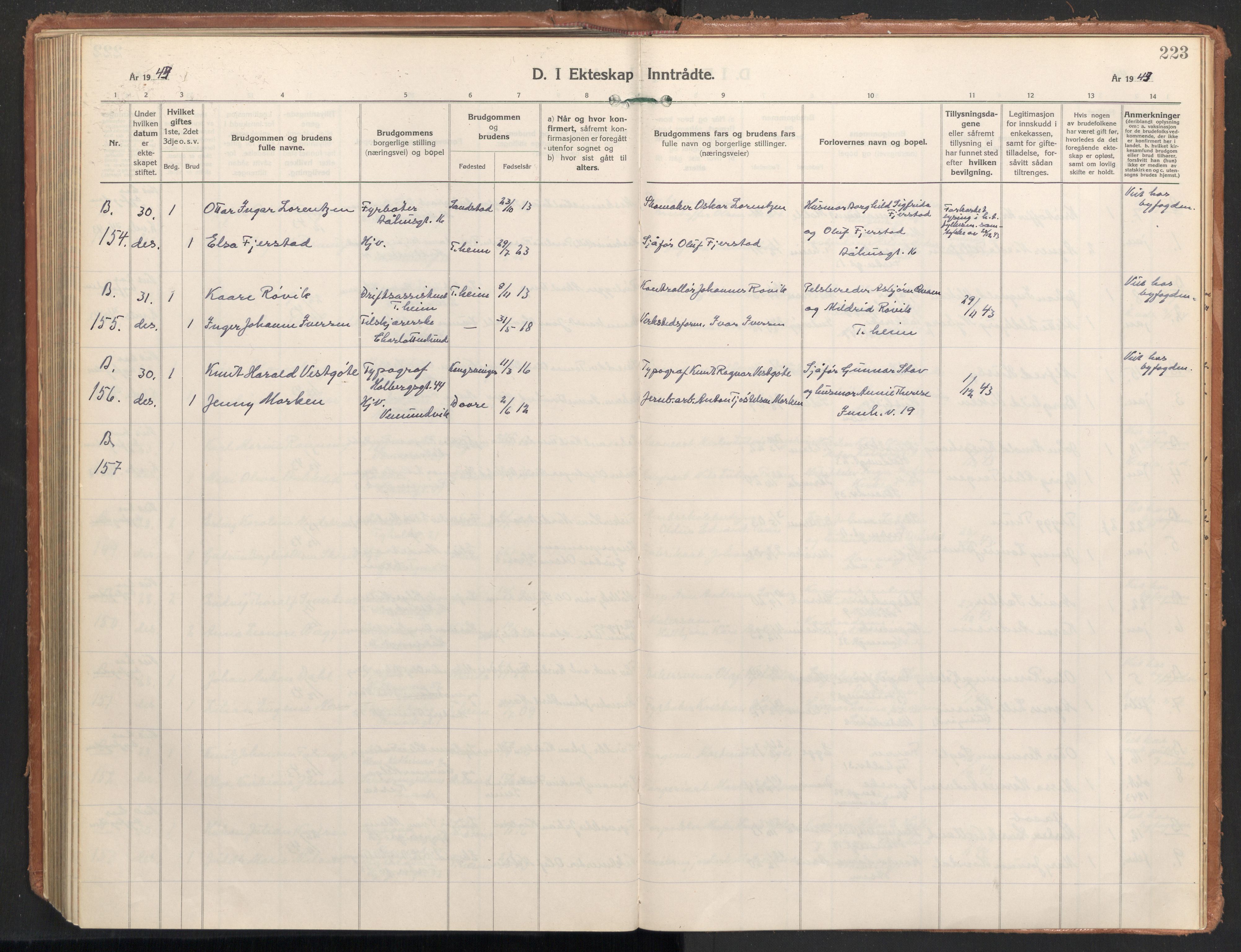 Ministerialprotokoller, klokkerbøker og fødselsregistre - Sør-Trøndelag, SAT/A-1456/604/L0209: Parish register (official) no. 604A29, 1931-1945, p. 223