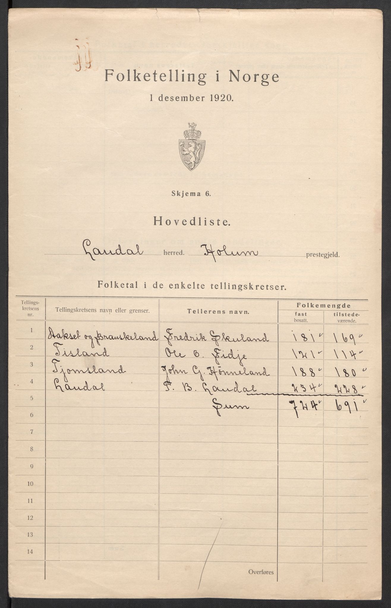 SAK, 1920 census for Laudal, 1920, p. 7