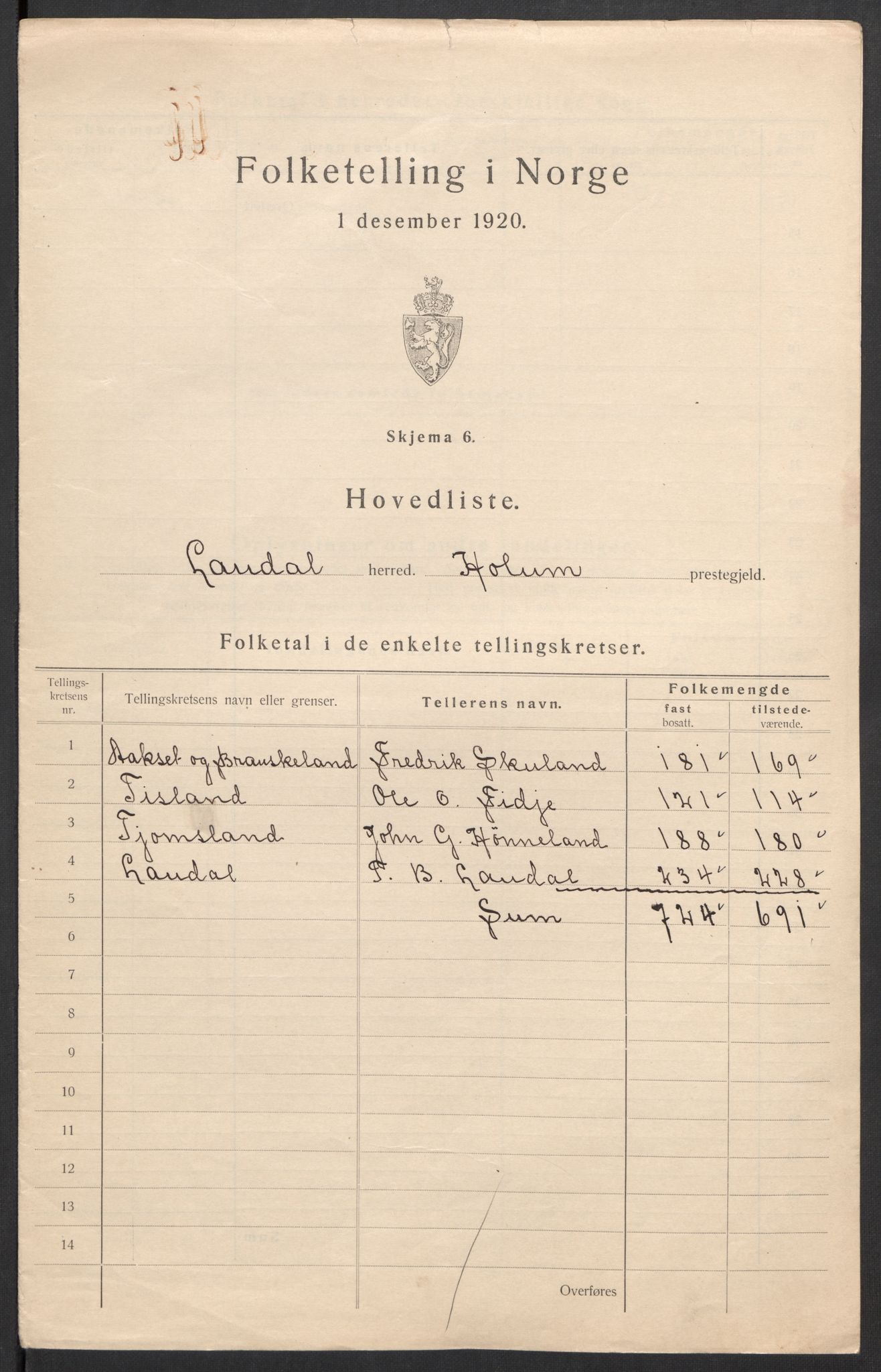 SAK, 1920 census for Laudal, 1920, p. 7