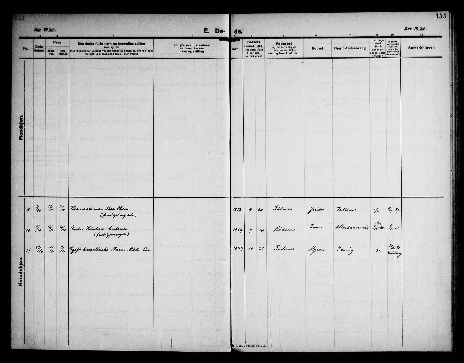 Rødenes prestekontor Kirkebøker, AV/SAO-A-2005/F/Fa/L0012: Parish register (official) no. I 12, 1911-1926, p. 155