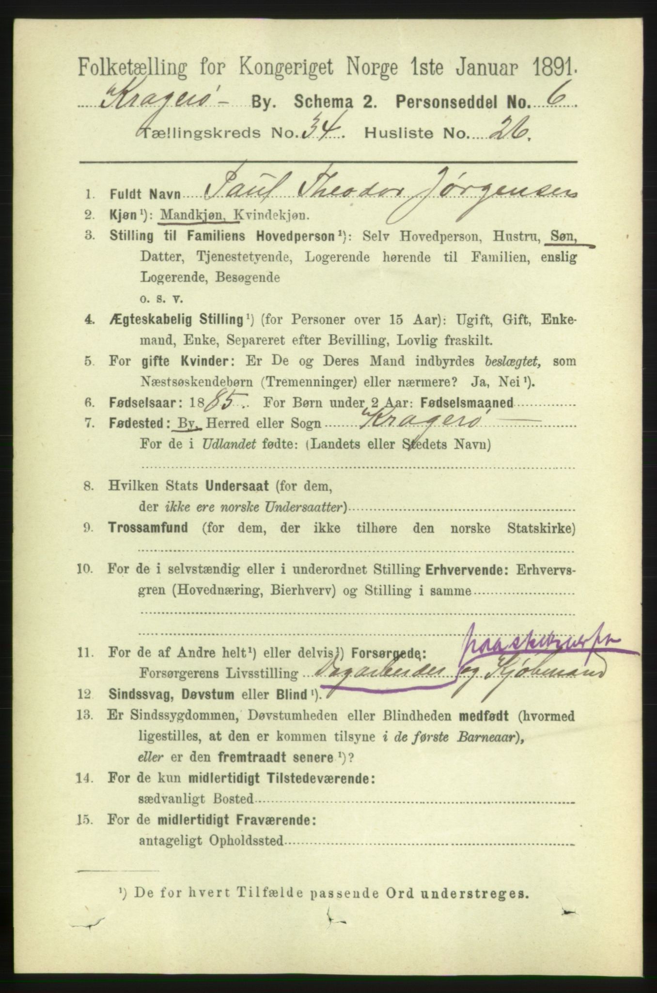 RA, 1891 census for 0801 Kragerø, 1891, p. 6243