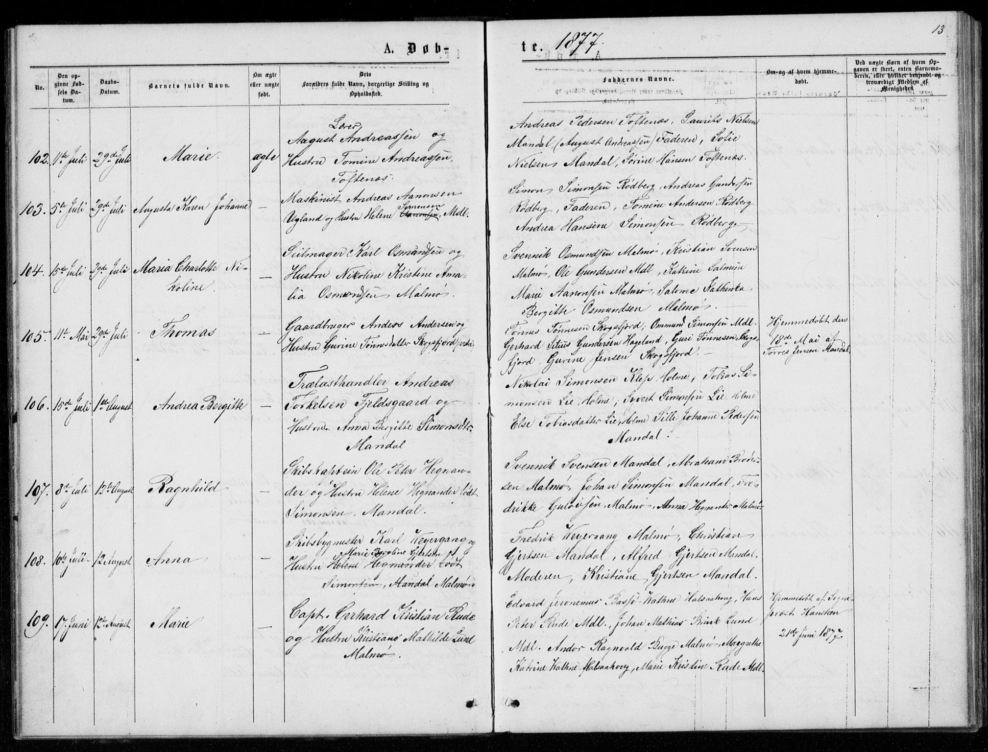 Mandal sokneprestkontor, AV/SAK-1111-0030/F/Fb/Fba/L0010: Parish register (copy) no. B 4, 1876-1880, p. 13