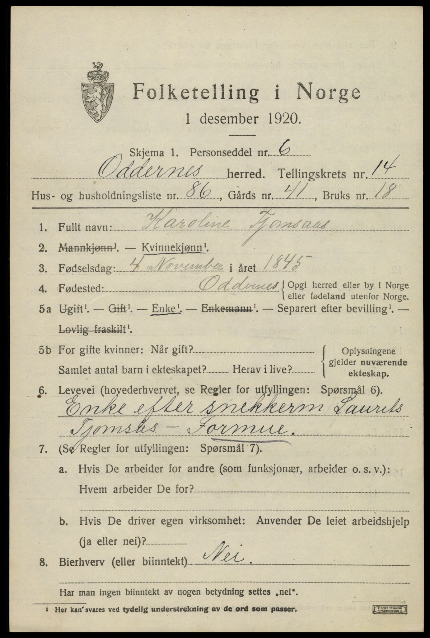 SAK, 1920 census for Oddernes, 1920, p. 9619