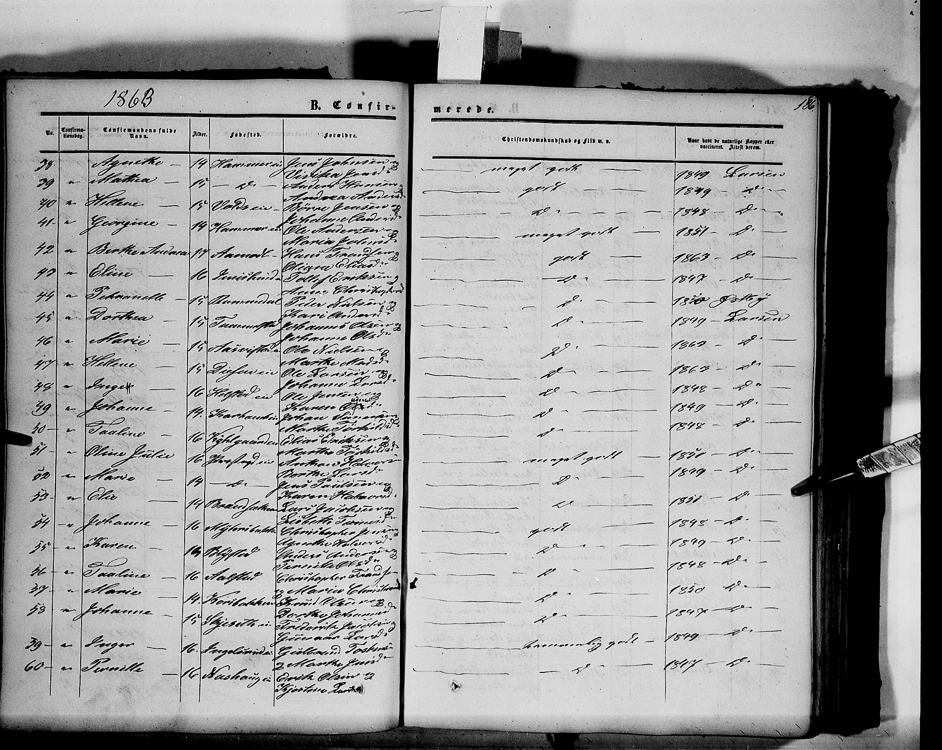 Vang prestekontor, Hedmark, SAH/PREST-008/H/Ha/Haa/L0012: Parish register (official) no. 12, 1855-1870, p. 186