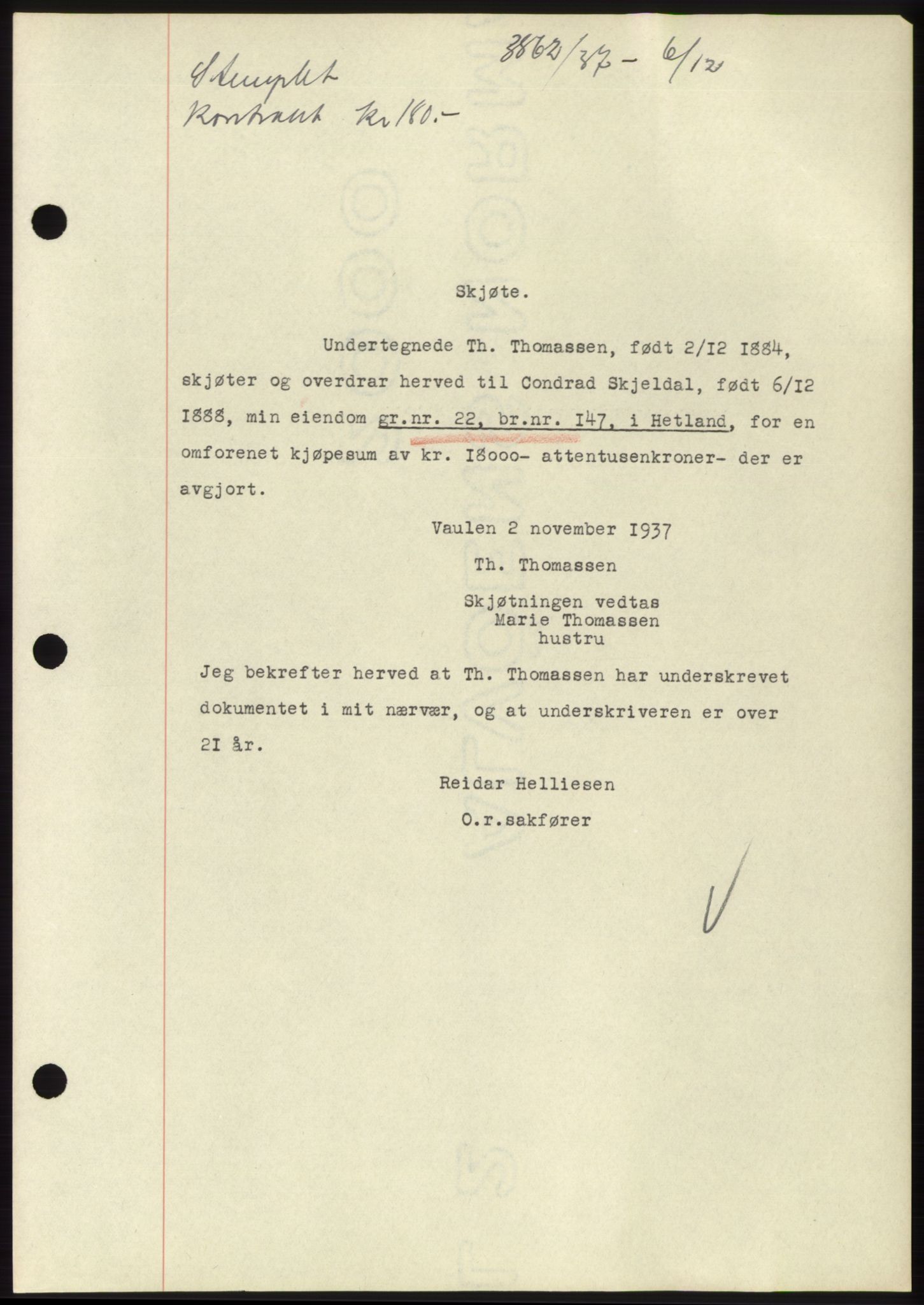 Jæren sorenskriveri, SAST/A-100310/03/G/Gba/L0069: Mortgage book, 1937-1937, Diary no: : 3862/1937