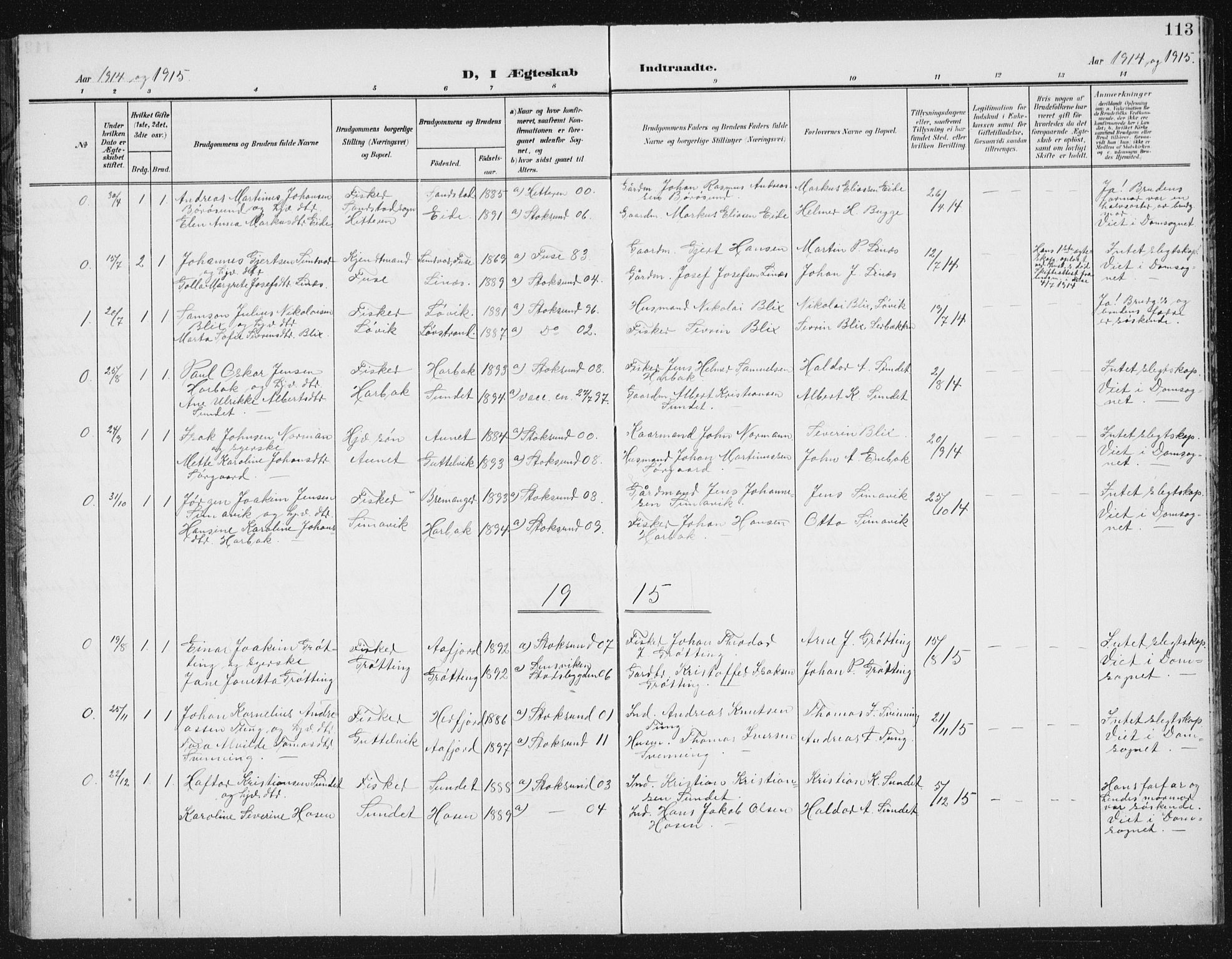 Ministerialprotokoller, klokkerbøker og fødselsregistre - Sør-Trøndelag, SAT/A-1456/656/L0699: Parish register (copy) no. 656C05, 1905-1920, p. 113
