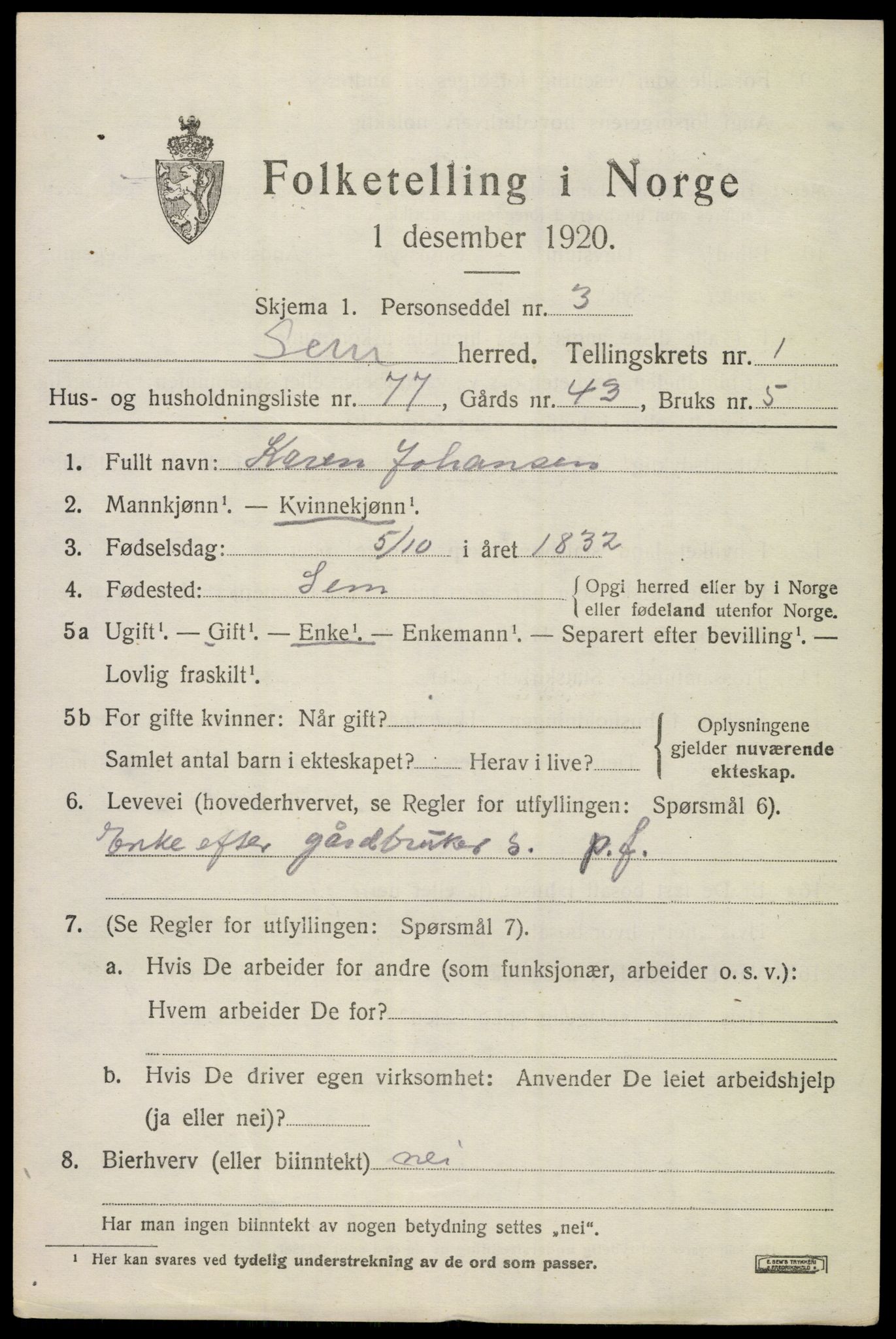 SAKO, 1920 census for Sem, 1920, p. 3611